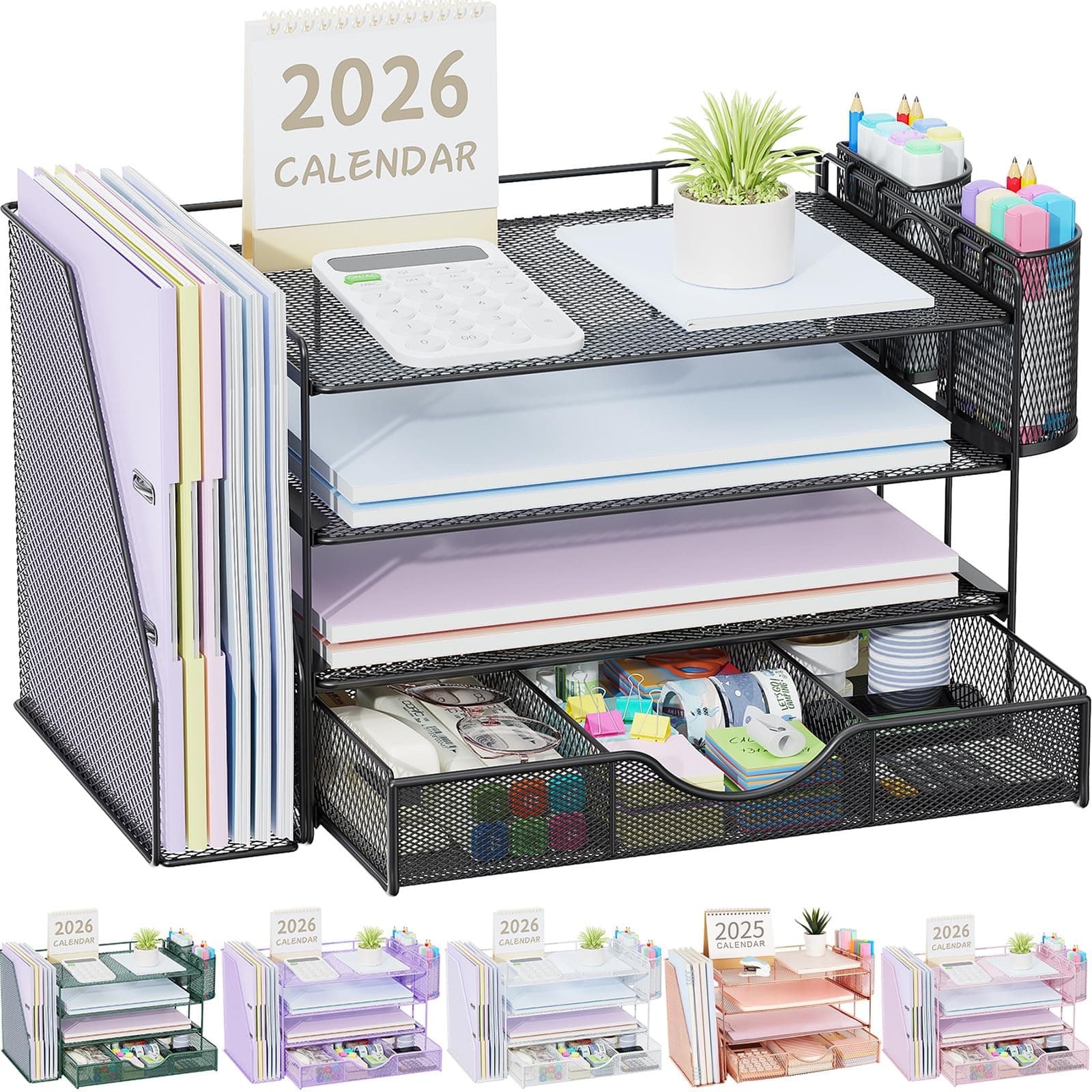 gianotter Desk Organizers and Accessories with File Holder, 4-Tier Desk Accessories & Workspace Organizers with Drawer and 2 Pen Holder, Paper Organizer for Office Supplies (Black)