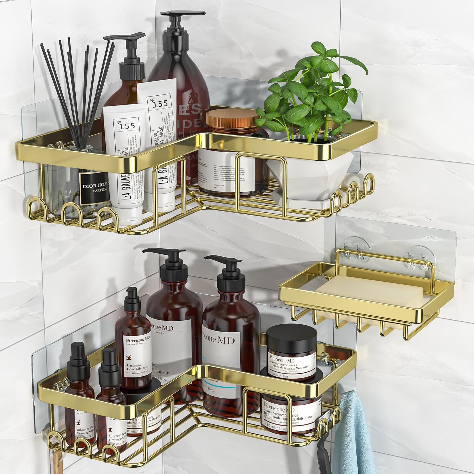 YASONIC Corner Shower Caddy, 3-Pack Adhesive Bathroom Caddy with Soap Holder and 12 Hooks, Rustproof Stainless Steel Shower Organizer, No Drilling Wall Mounted Shower Rack, for Bathroom, Gold