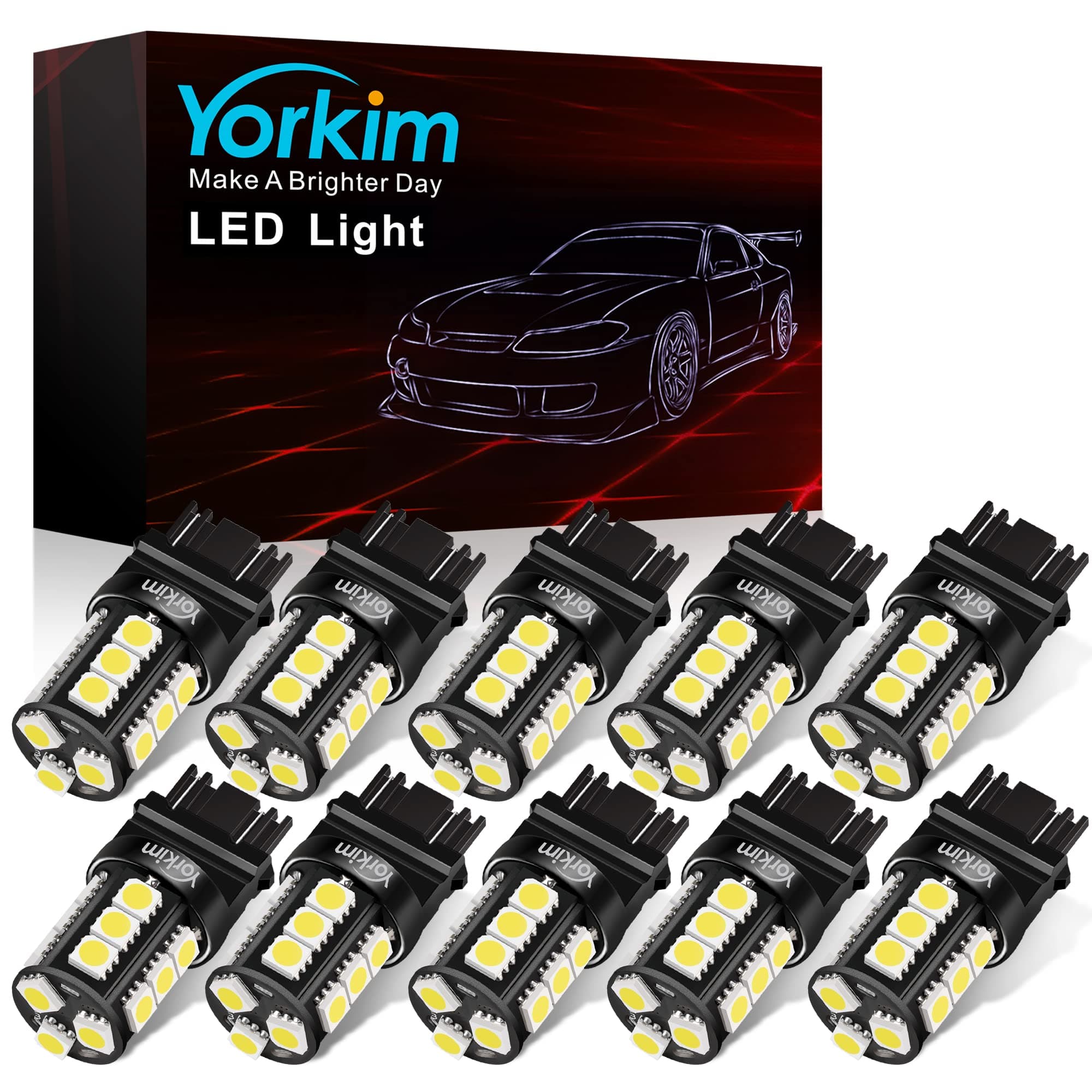 Yorkim Super Bright 3157 LED Light Bulbs White Pack of 10, 3157 LED Brake Lights, 3157 LED Backup Reverse Lights, 3156 LED Reverse Tail Lights, Turn Signal Led - 3056 3156 3057 3157 4157 LED Bulbs