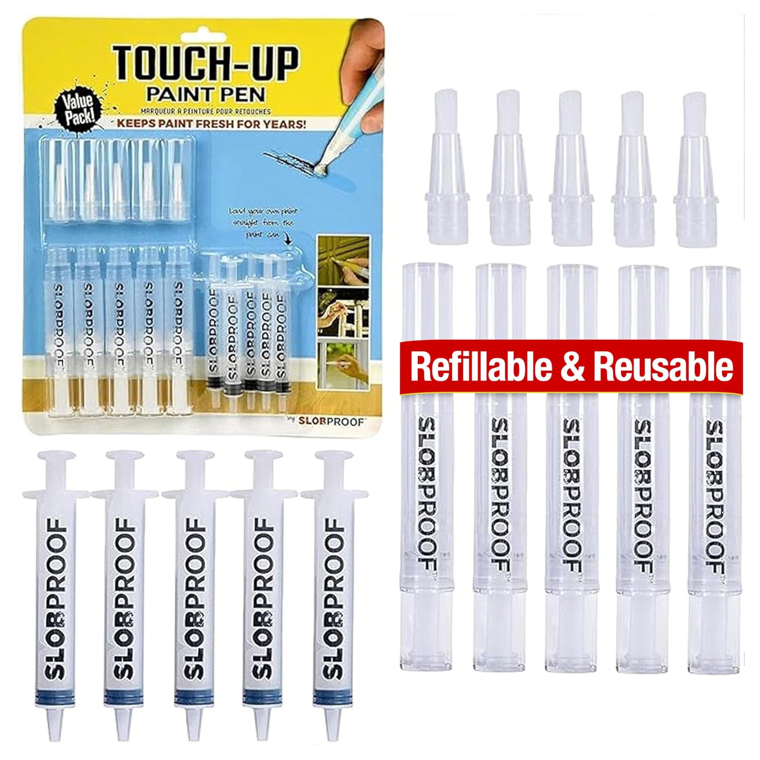 Refillable Paint Brush Pens 5 in 1 Pack. Convenient Touch-Up with Easy To Use Syringes, Fillable Solution for Precision and Ease in Paint Touch-Ups. Ideal for Home, Wood and Paint Touch Ups