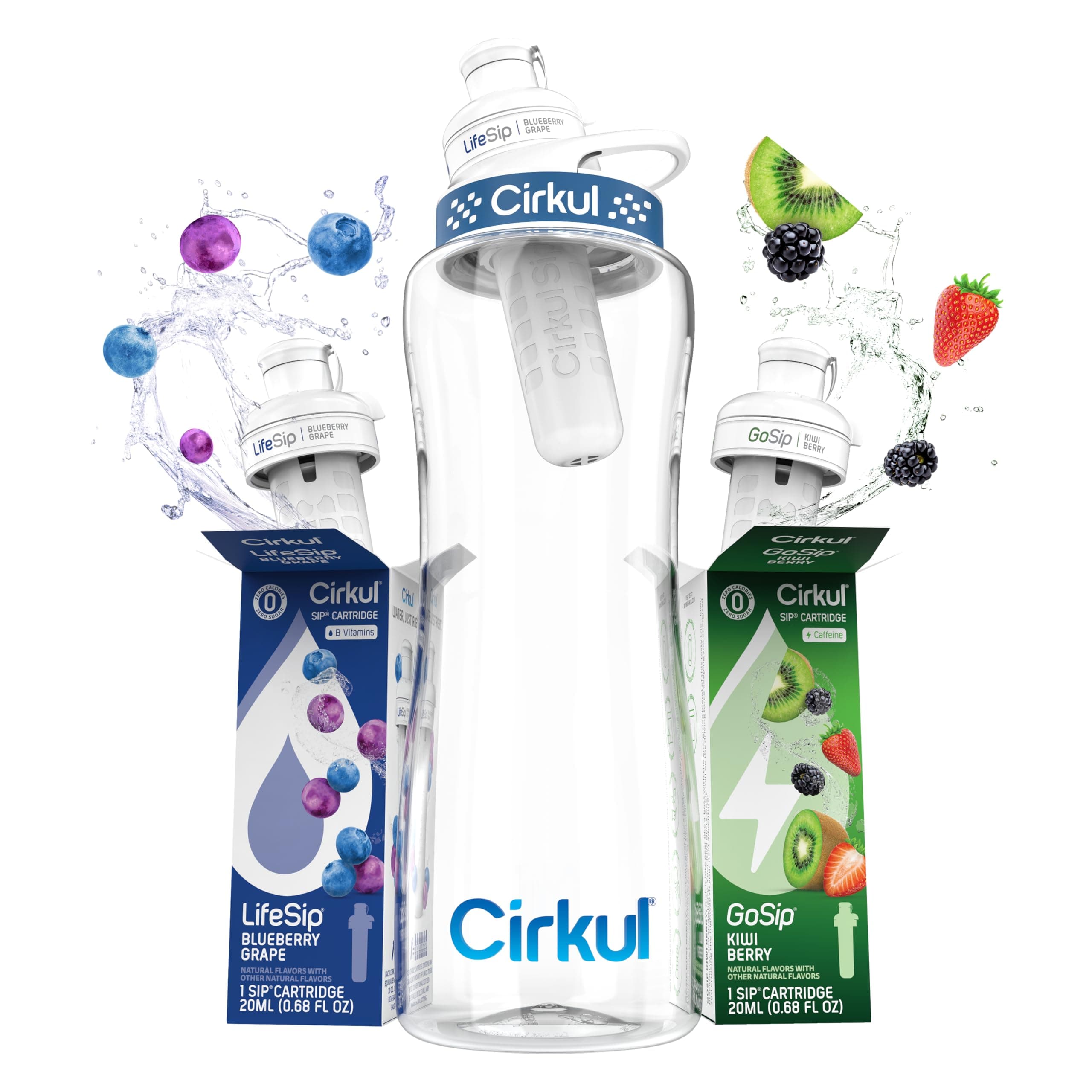 Cirkul - 32 oz plastic starter set with navy lid, 2 blueberry and kiwi berry flavor cartridges