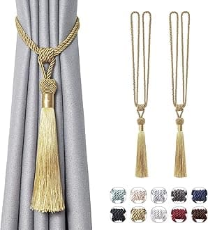 Pretty Jolly 2 Pack Long Tassel Curtain Tiebacks Handmade Braided Rope Knot Drape Tie Backs European Style Decorative Curtain Holdbacks for Home & Office Window Drapery (Gold)