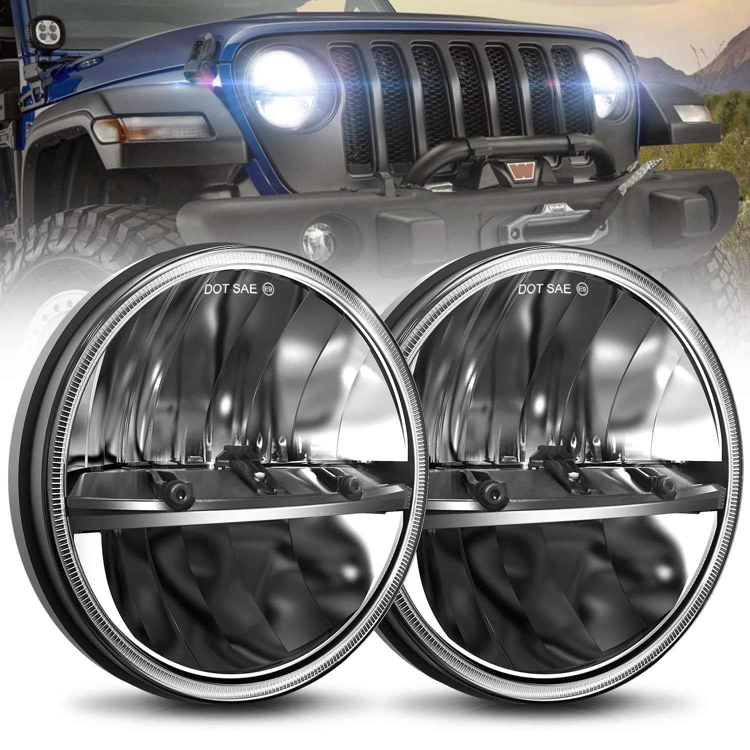 UNI-SHINE 7 inch LED Headlight 2PCS Round LED Headlamp High Low Beam DOT Approved H6024 Compatible with Wrangler JK LJ TJ CJ