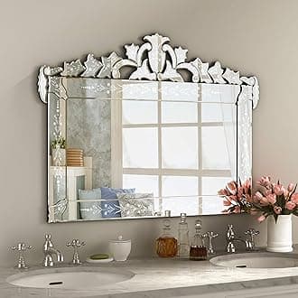 Large Decorative Wall Mirrors for Living Room 41x31 Inch Venetian Wall Mirror with Ornate Crown, Etched Floral Design Beveled Edge Rectangle Decorative Mirror for Bedroom Dining Room Hallway