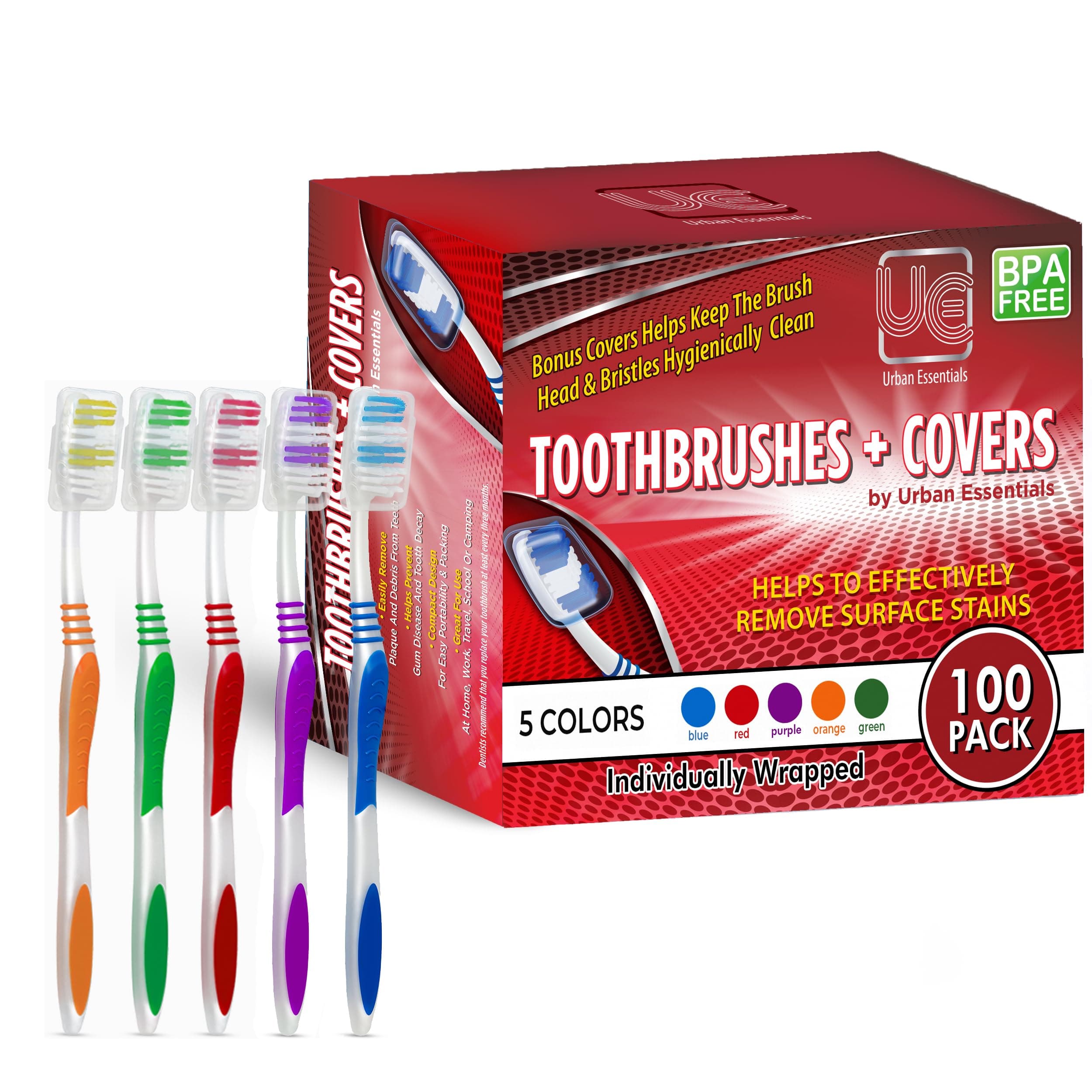 100 Bulk toothbrushes Individually wrapped Medium bristle full head Oral-care manual multi-pack toothbrush sets with hygienic antibacterial cap perfect for brushing kids teeth adults travel toiletries