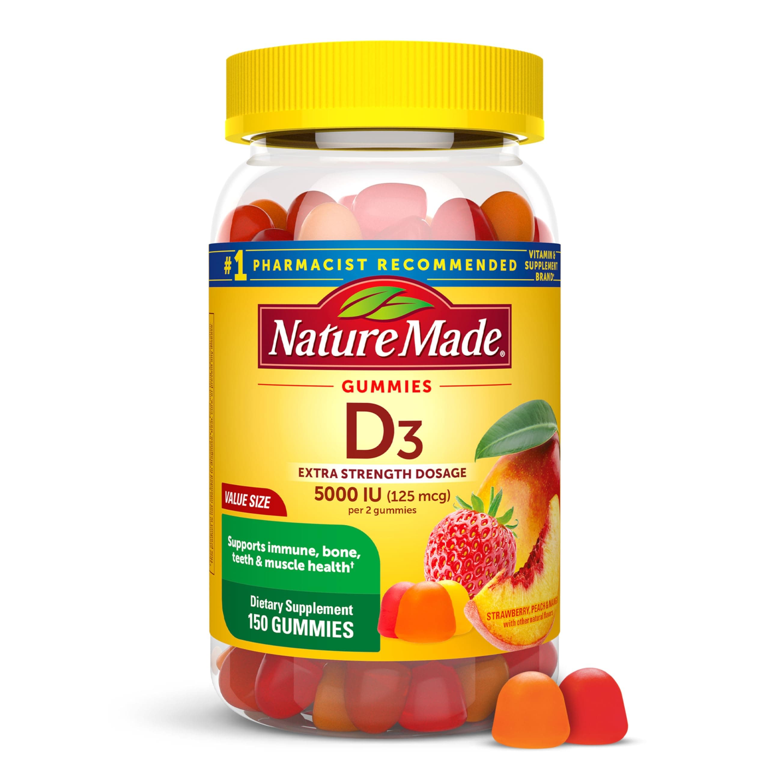 Nature Made Vitamin D3 5000 IU Per Serving Gummies Extra Strength, Bone and Immune Health Support, 150 Vitamin D Gummies for Adults, 75 Day Supply