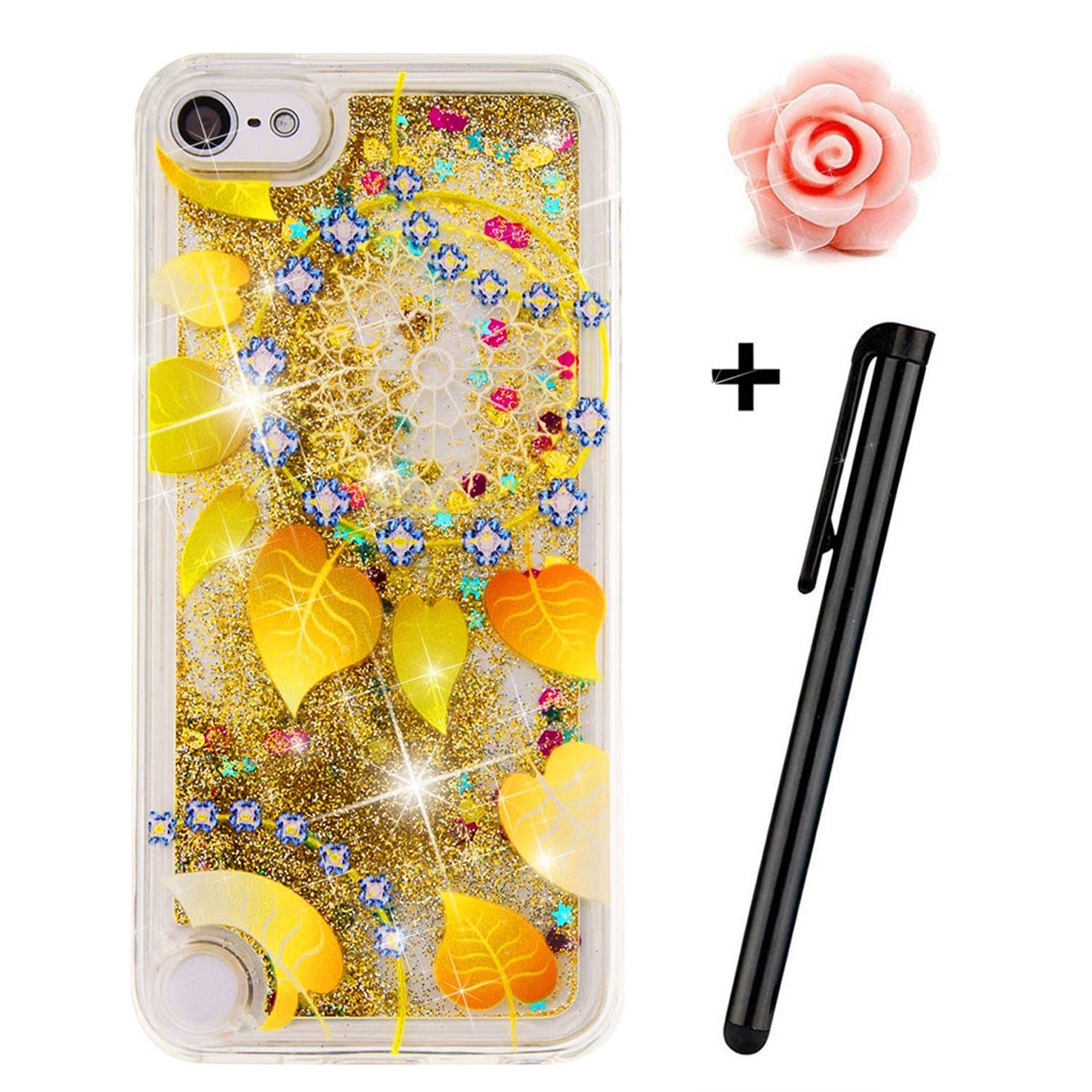 TOYYM iPod Touch 5 Glitter Case, Transparent Clear Floating Sparkle Bling Glitter Case for iPod Touch 6,3D Funny Cute Moving Love Hearts Star Gold leaf Design Tpu Protective Shell Case Cover