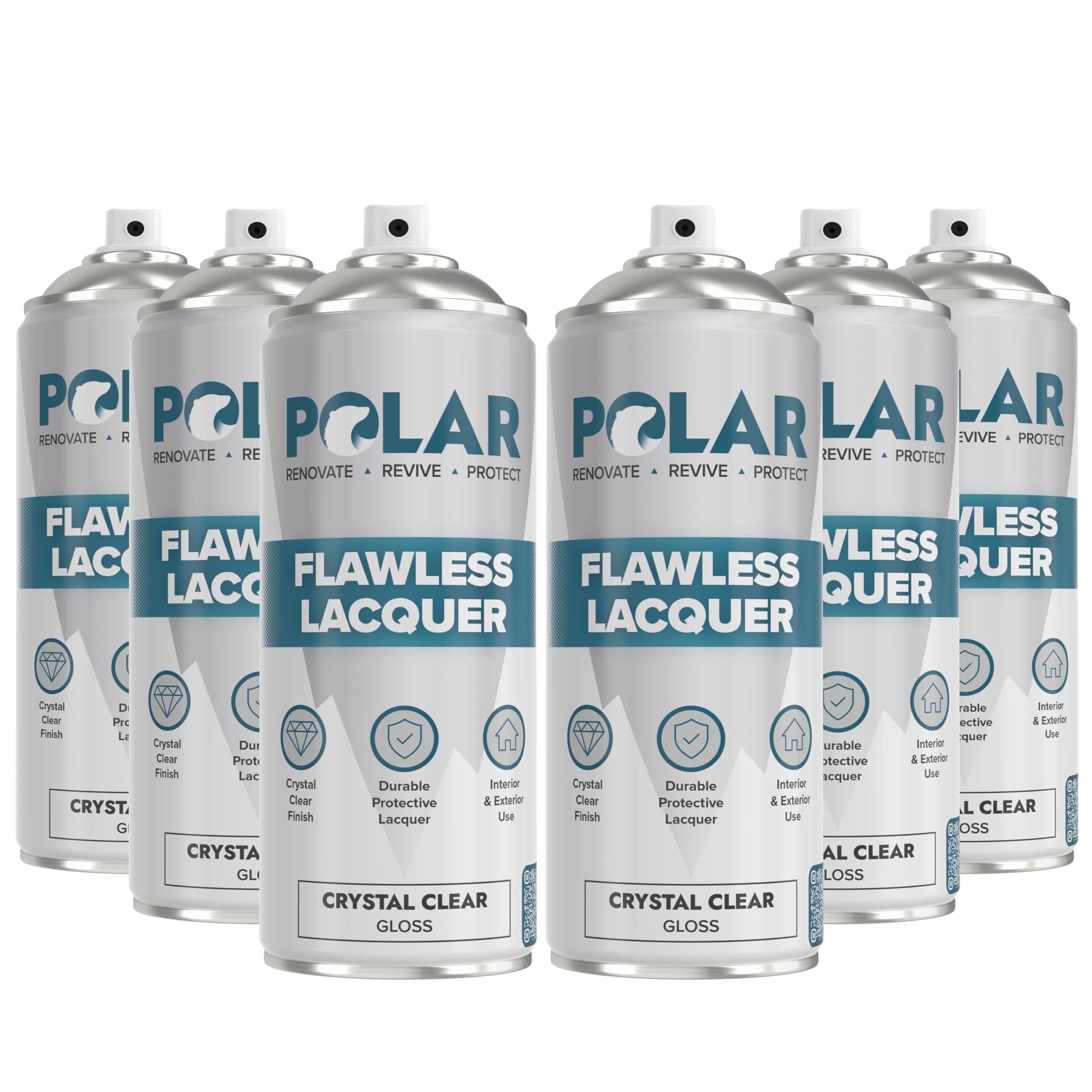 Polar Clear Gloss Flawless Lacquer Spray - 6 x 13.5 Fl Oz - Clear Coat Spray Paint - Non-Yellowing & Scratch Resistant - Interior & Exterior Surfaces for Wood, Metal, Plastics, Glass & Ceramics