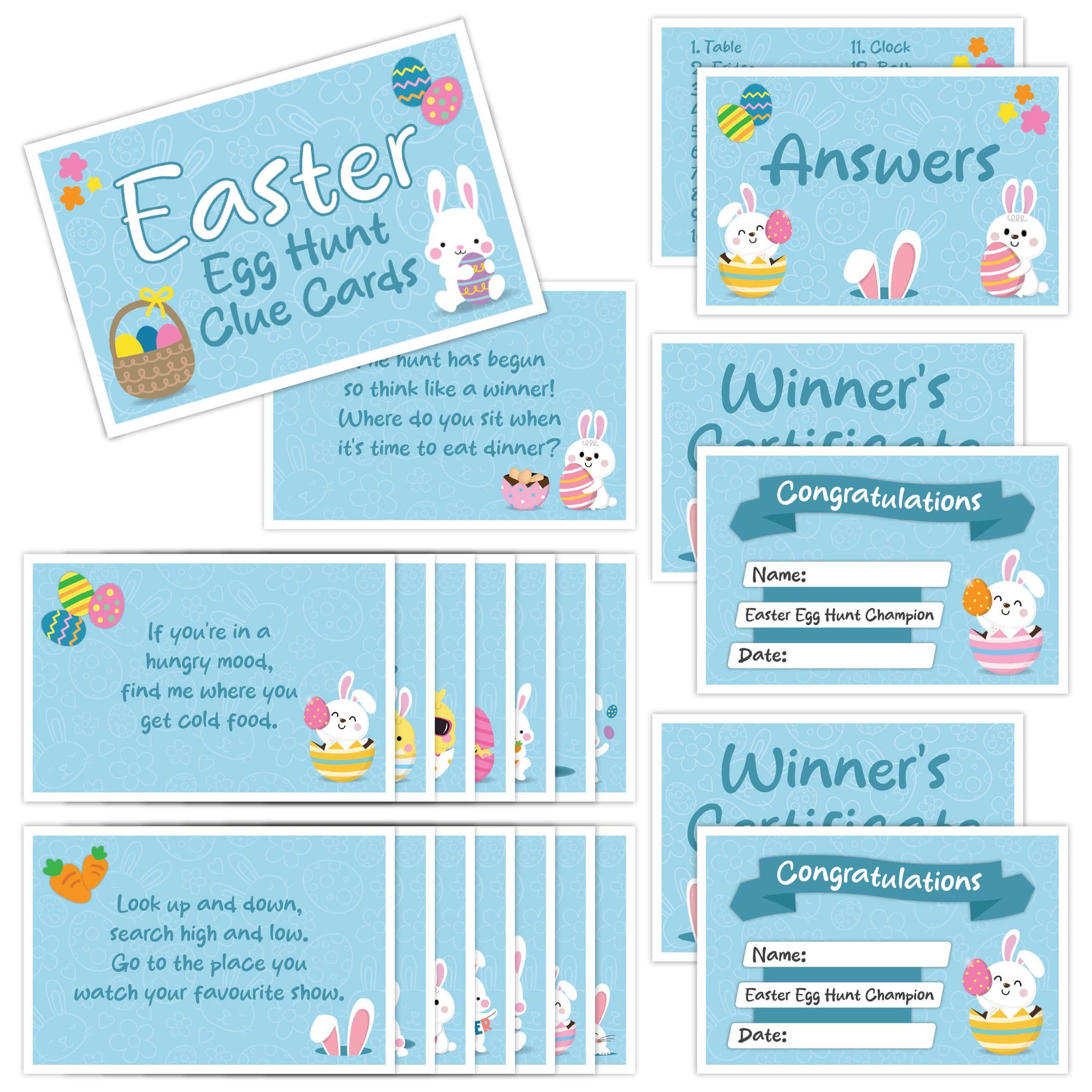 – Easter Egg Hunt Clue Cards for Children Kids - Large Easter Scavenger Hunt Indoor Reusable Cards Party Game Household Activity with Winning Certificates