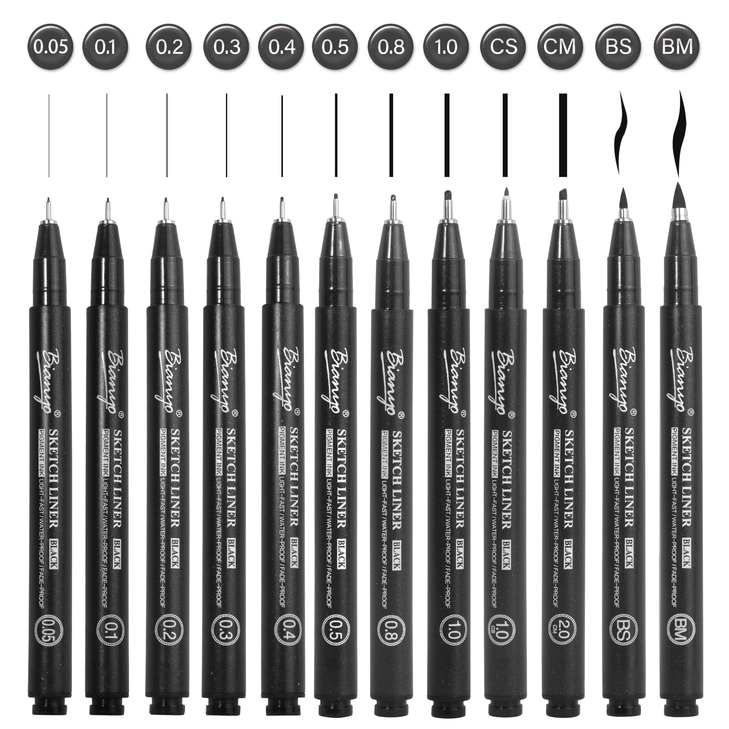 Bianyo Black Art Pen Set - 12 Assorted Sizes Fine Line Drawing, Upgraded Pigment Ink, Water-Resistant Archival Pens for Artists, Crafters, and Journaling