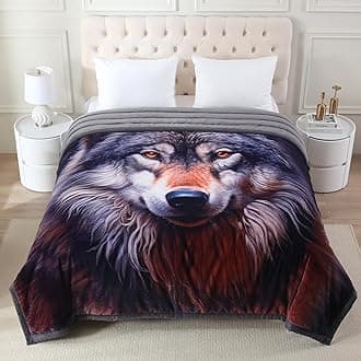 MERRY HOME Heavy Korean Mink Blanket 85x93 inch - 8.4 LB, Luxury Printed Plush Flannel Fleece Blanket King Size for Men Women, Thick & Warm for Winter Fall Spring, White, Wolf Pattern