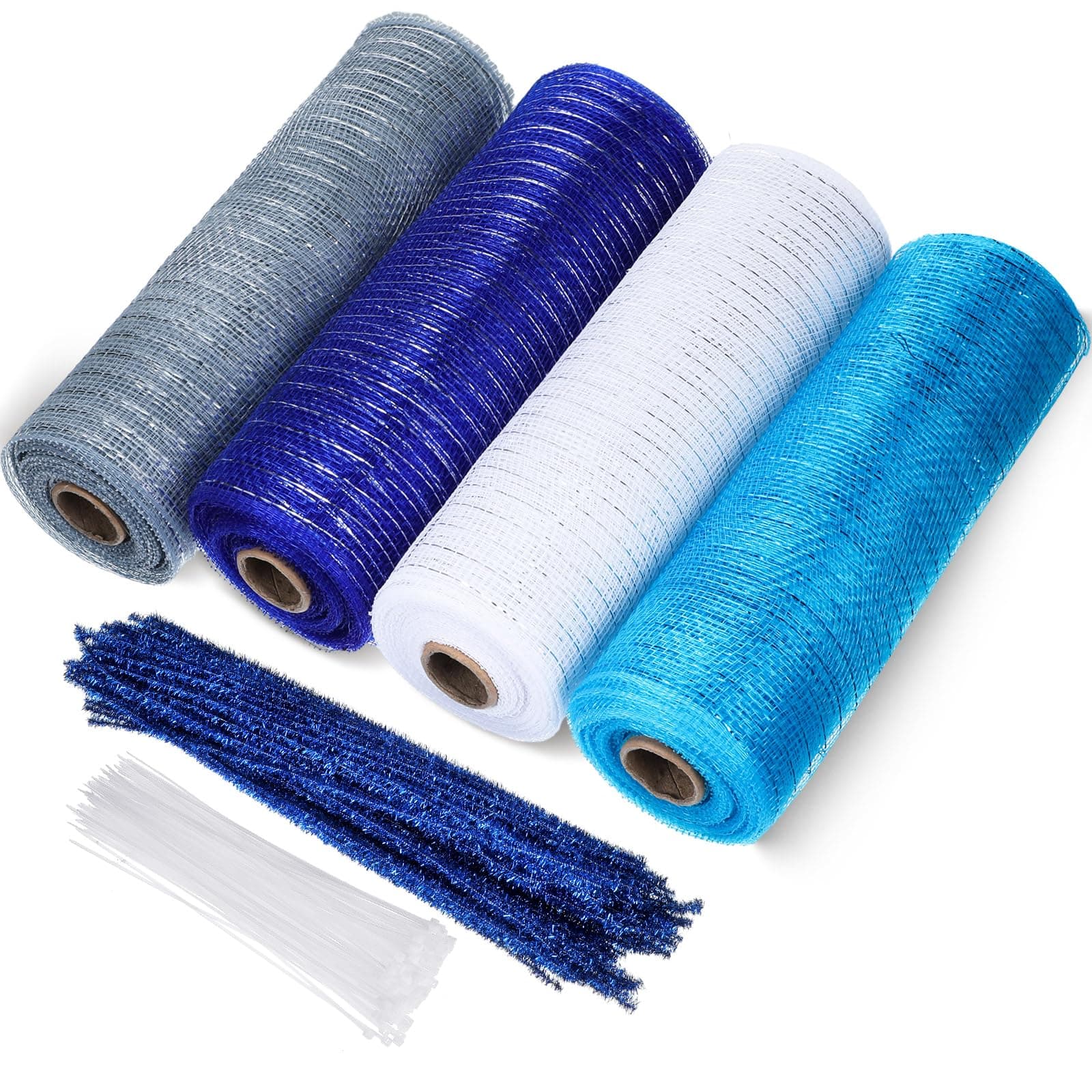 Funtery 4 Rolls 40 Yard Christmas Deco Mesh Decorative Mesh Ribbon Roll with Chenille Stem and Clear Zip Ties for Wedding Valentine Bouquet Wreath Xmas Tree Garland Swag Craft(Vivid Color)