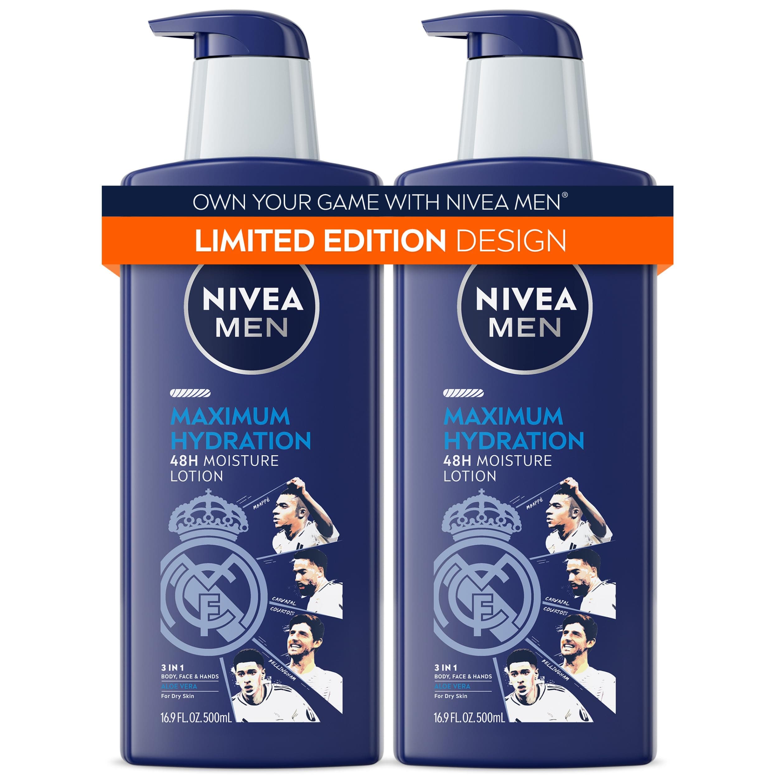 MEN Real Madrid Limited Edition Design Maximum Hydration 48-Hour Moisture Body Lotion for Dry Skin, Aloe Vera Lotion for Men, 3-in-1 Body, Face and Hands, 16.9 Fl Oz Bottle, Pack of 2