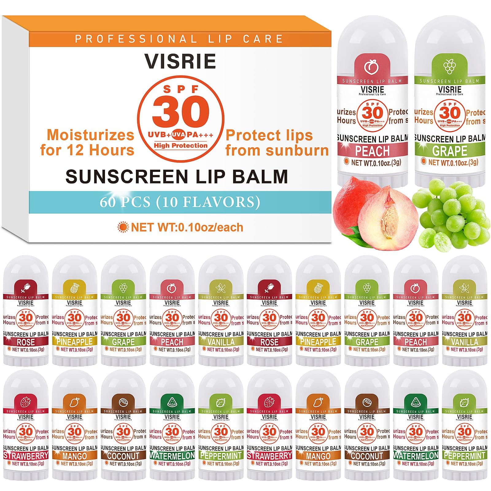 - SPF 30 Sunscreen Lip Balm, SPF Lip Balm Bulk 60 Count, Broad Spectrum UVA/UVB Lip Sunscreen Moisturize with Vitamin E and Coconut Oil- 10 Flavors