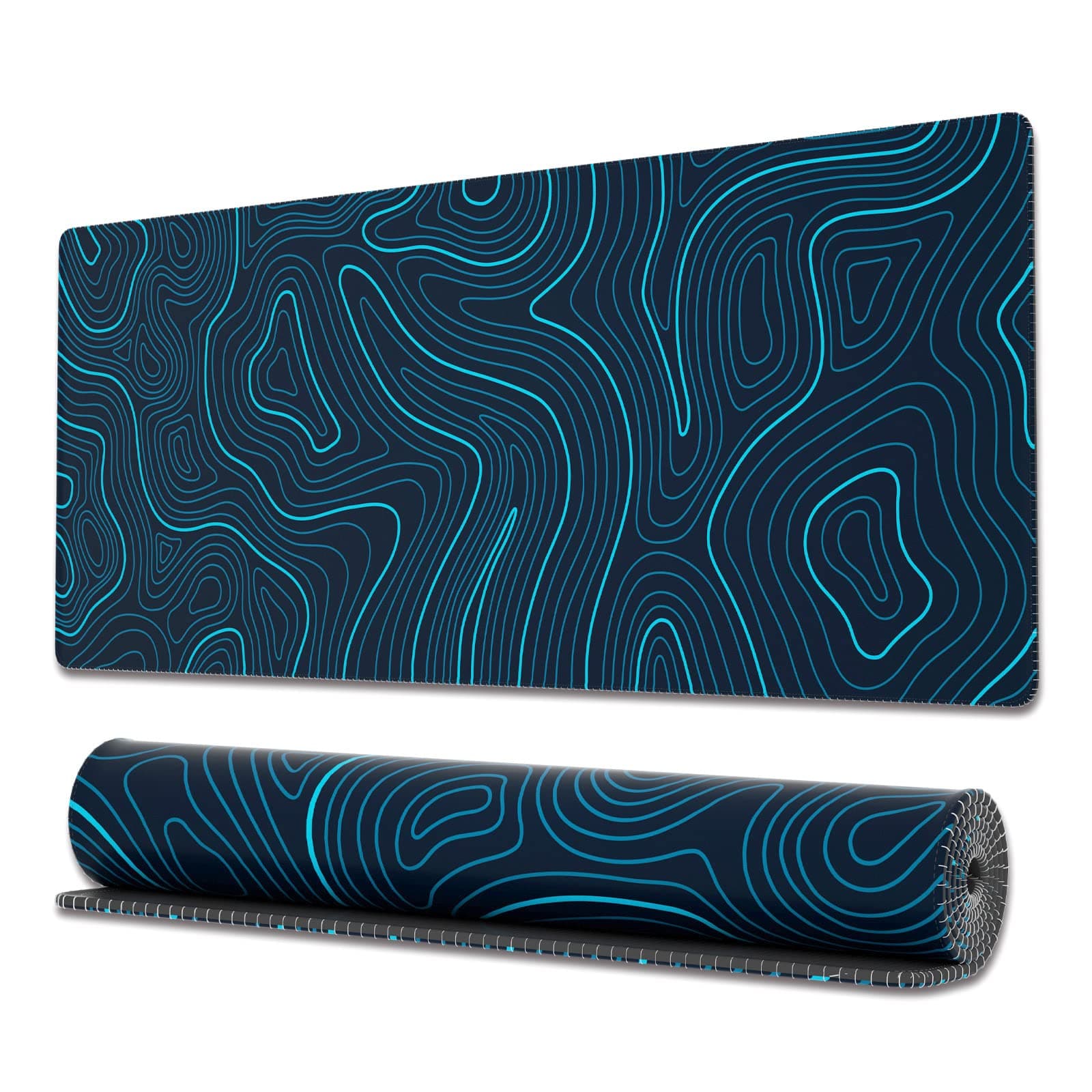 Ovenbird Gaming Mouse Pad with Stitched Edges, Topographic Map Blue Extended XL Mousepad with Anti-Slip Base, Cool Large Mouse Pad for Desk, 31.5 x 11.8 in, Blue