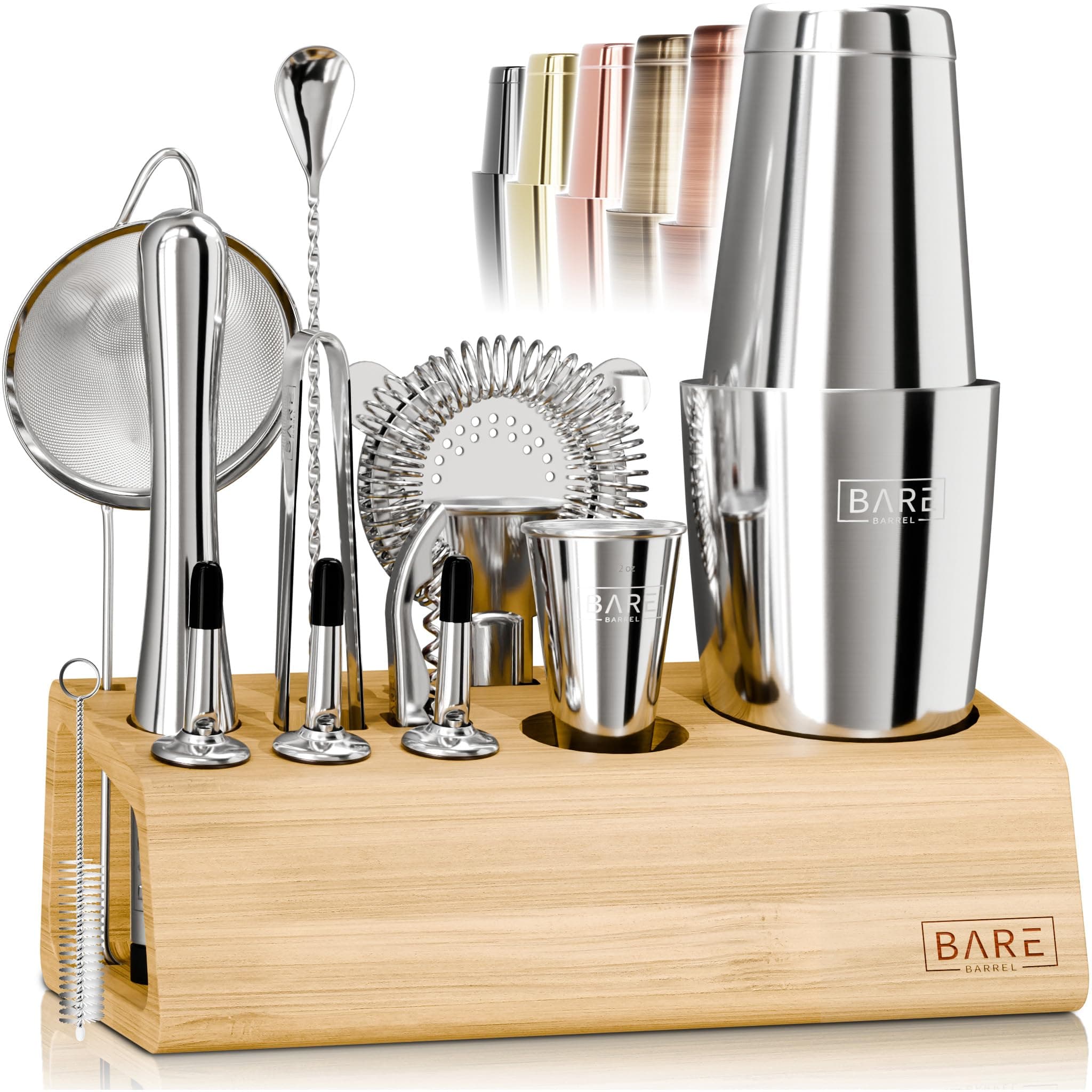 Cocktail Making Kit | 14-Piece Bartender Kit Cocktail Shaker Set Maker | Bamboo Display Stand & 35 Recipe Cards | Mixology Cocktail Gift Set (800ml/28oz Boston Shaker, Silver/Natural)