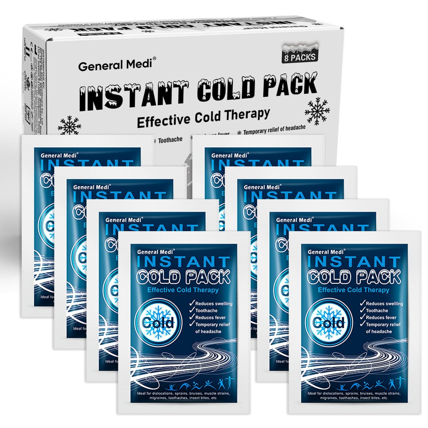 Instant Ice Cold Pack (4”x 5.5”) – 8 Packs Disposable Cold Therapy Ice Packs for Pain Relief, Swelling, Inflammation, Sprains, Toothache – for Athletes & Outdoor Activities