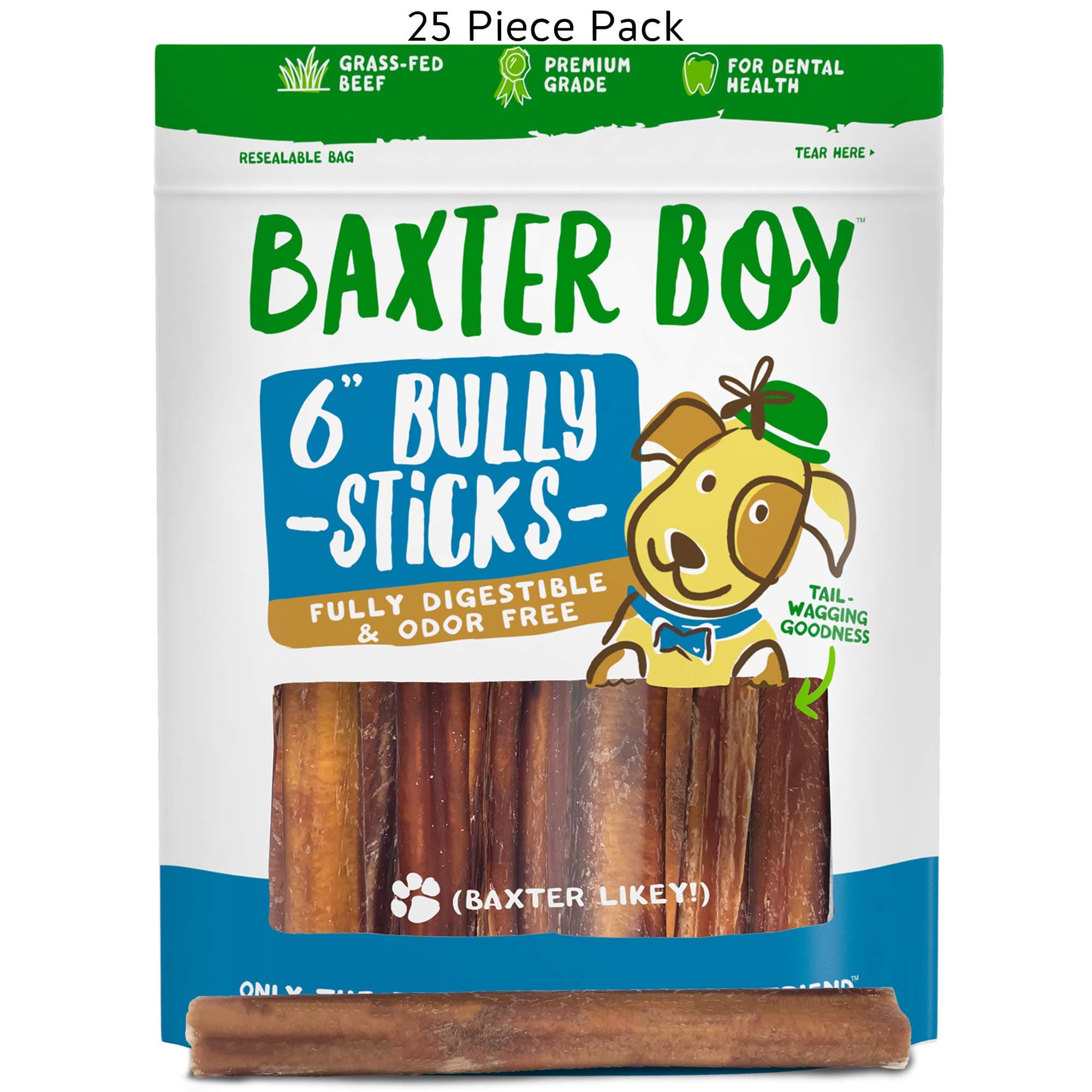 Baxter Boy 6-inch Premium Grade Thick Bully Sticks Dog Treats (25 Pack) – 6” Long All Natural Gourmet Dog Treat Chews – Fresh and Savory Beef Flavor – Long Lasting Treat