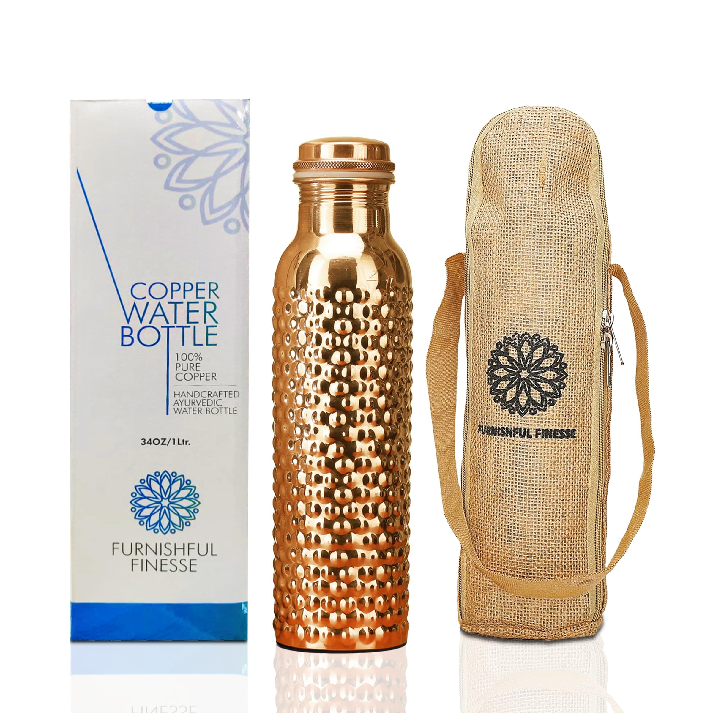 Dotted Hammered Pure Copper Bottle with Carrying Bag for Drinking Water BPA Free Leak Proof Boosts Immunity, Supports Digestive & Liver Health, Ayurveda Inspired 34oz - 1 Litre