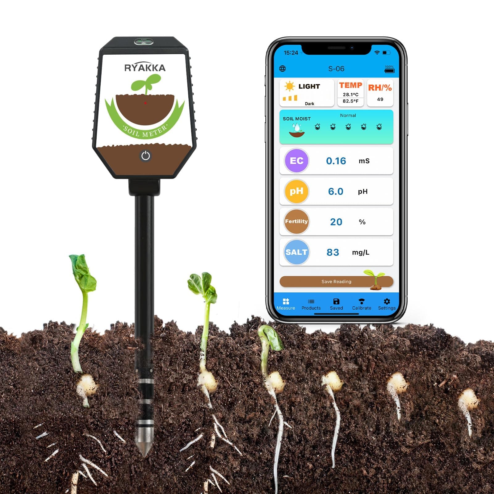 8-in-1 Bluetooth Soil Tester with App Control, Digital Soil Meter for Moisture, Fertility, Salt, pH, EC, Temperature, Humidity, Sunlight | Ideal for Plants, Flowers, Vegetables