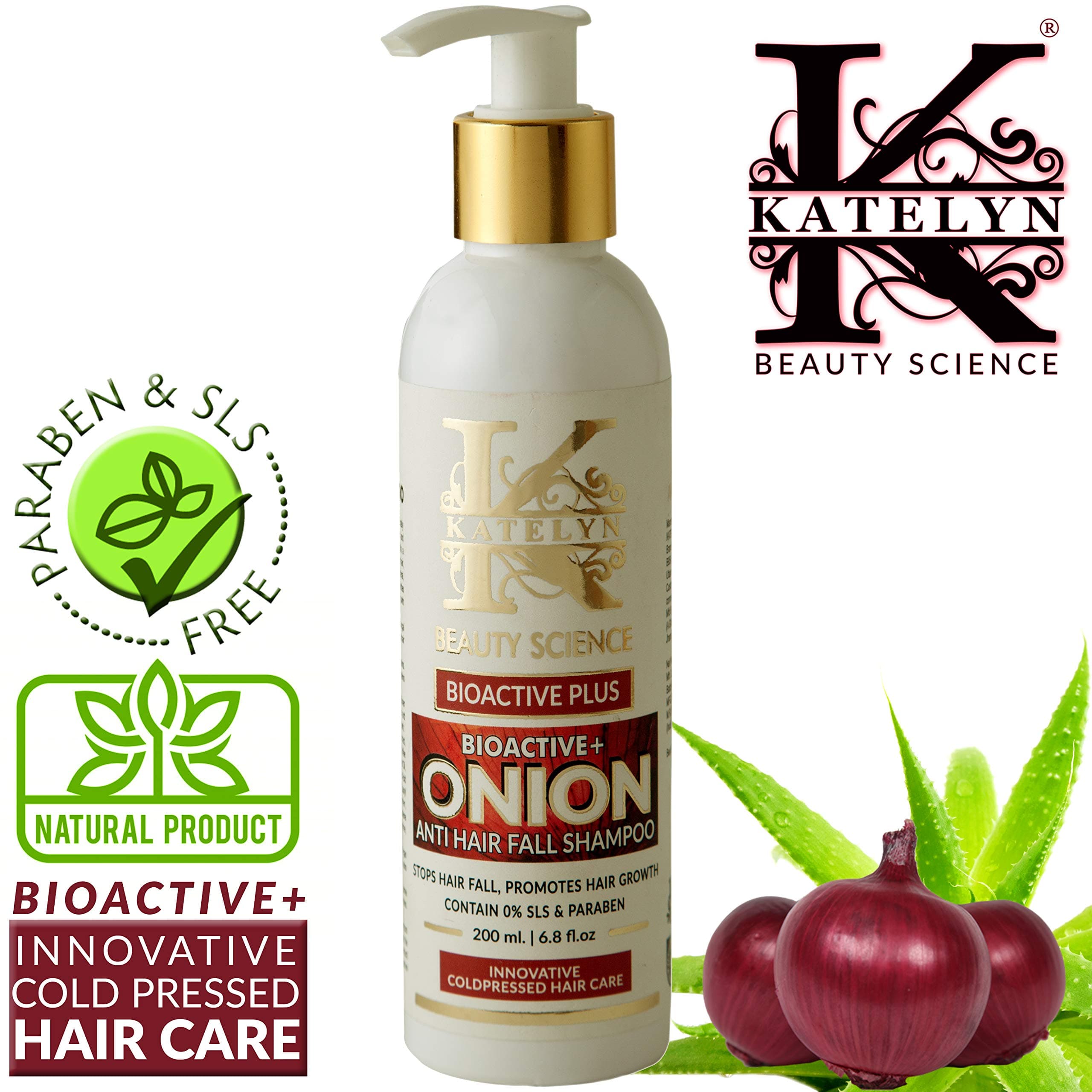 Katelyn BioActive+ Onion Shampoo With Caffeine & Curry Leaf 200ml | Innovative Cold Pressed Hair Care | Controls Hair Fall & Premature Hair Graying| Anti Hair Fall | Anti Dandruff Daily Care Shampoo