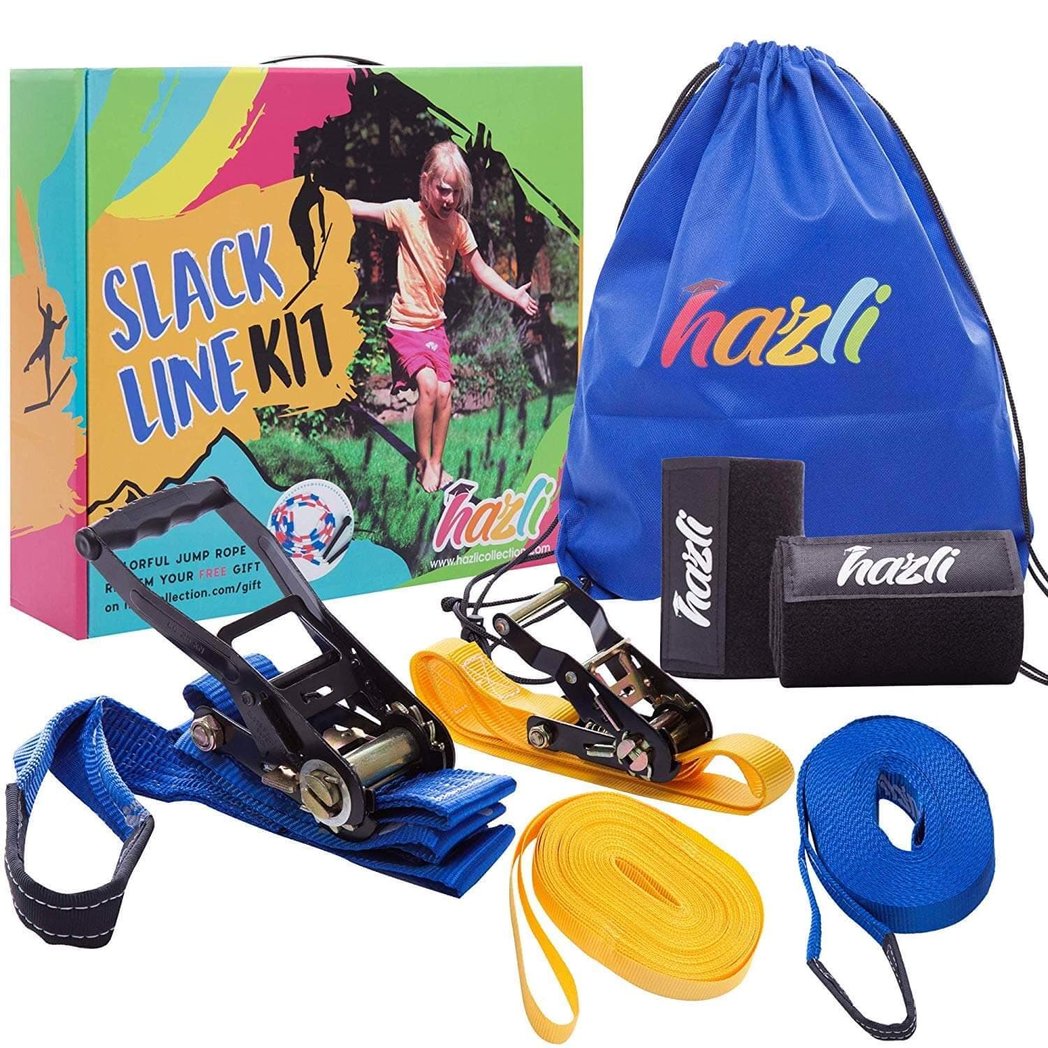 HoneyJar Hazli Slackline Set for Backyard with Training Line - Complete Beginners Kids Slackline Kit with Tree Protector - Slack Line Rope for Kids - Complete Balance Rope Kit