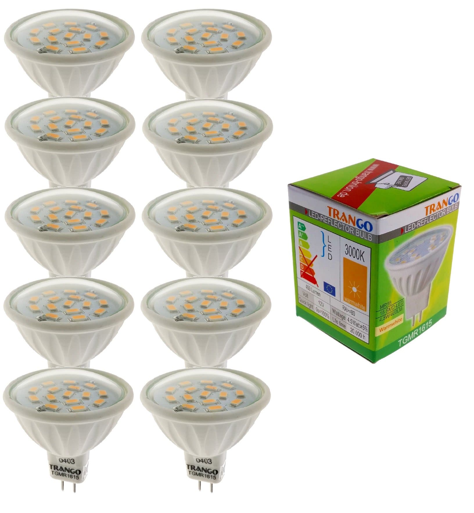 Trango 10er Set 6 Watt LED Bulb with MR16 Socket 3TGMR1615 for Replacement Halogen Bulb MR16 I GU5.3 I G4 12 Volt 3000K Warm White Bulb, Reflector Bulb, LED Bulbs [Energy Class A+]