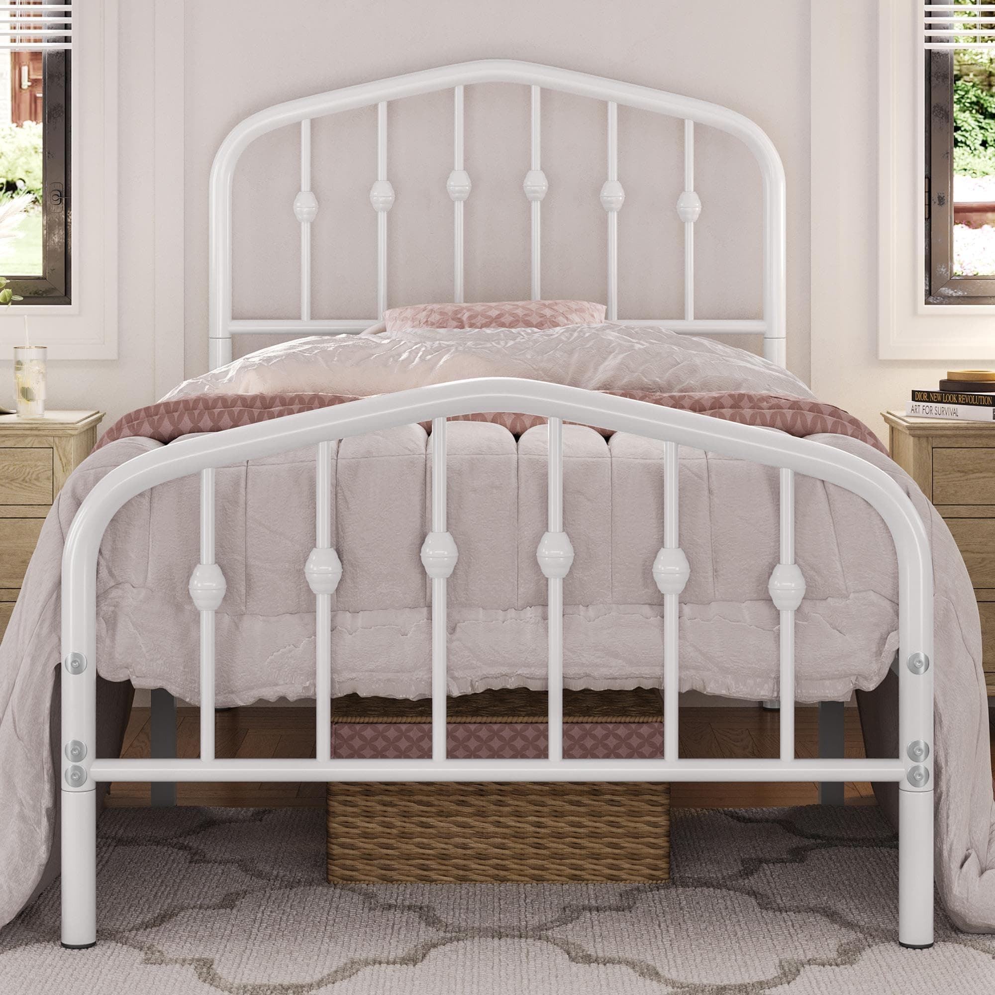 Yaheetech 3ft Single Bed Frames Slatted Metal Bed with Crown-inspired Design Headboard/Spacious Under-bed Storage White