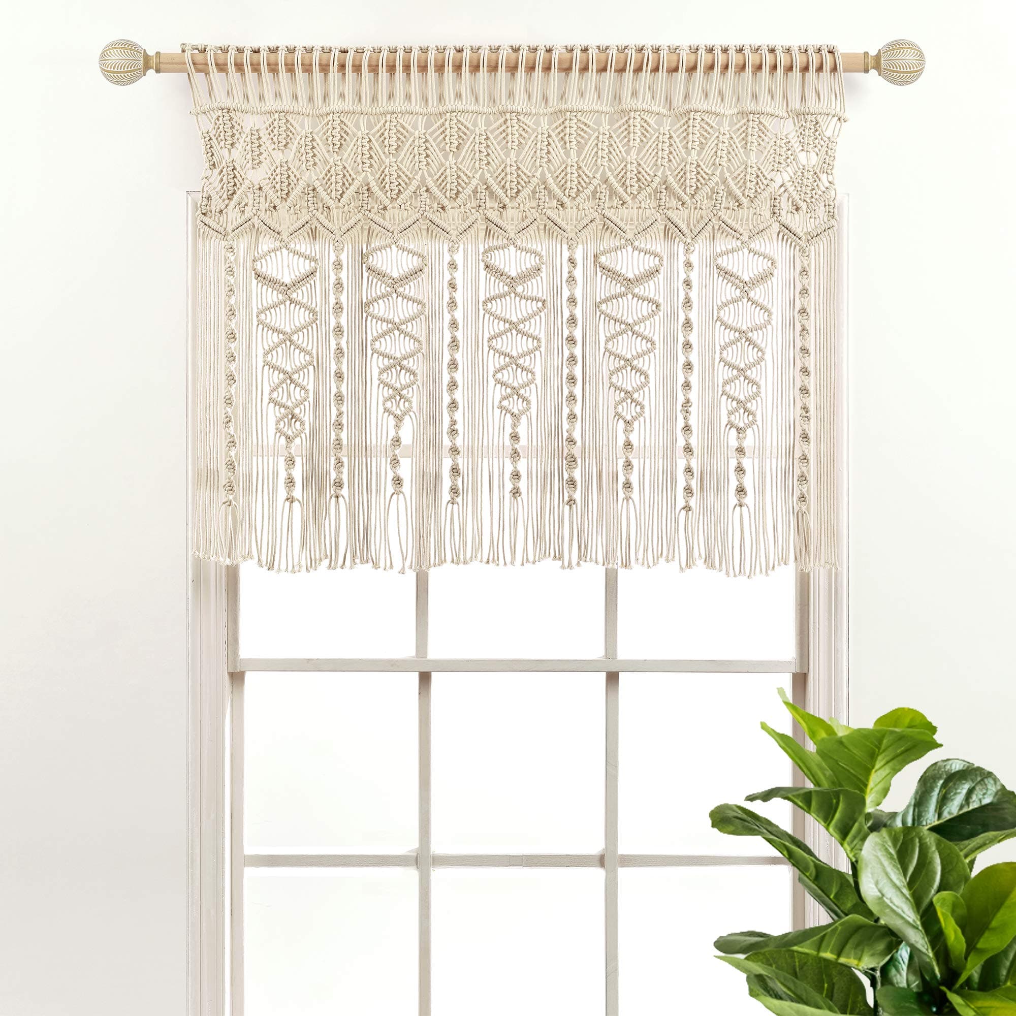 Lush Decor Boho Macrame Textured Cotton Valance, 40" W x 30" L, Neutral - Boho Kitchen Curtains & Wall Decor - Macrame Valance - Bathroom Window Curtains
