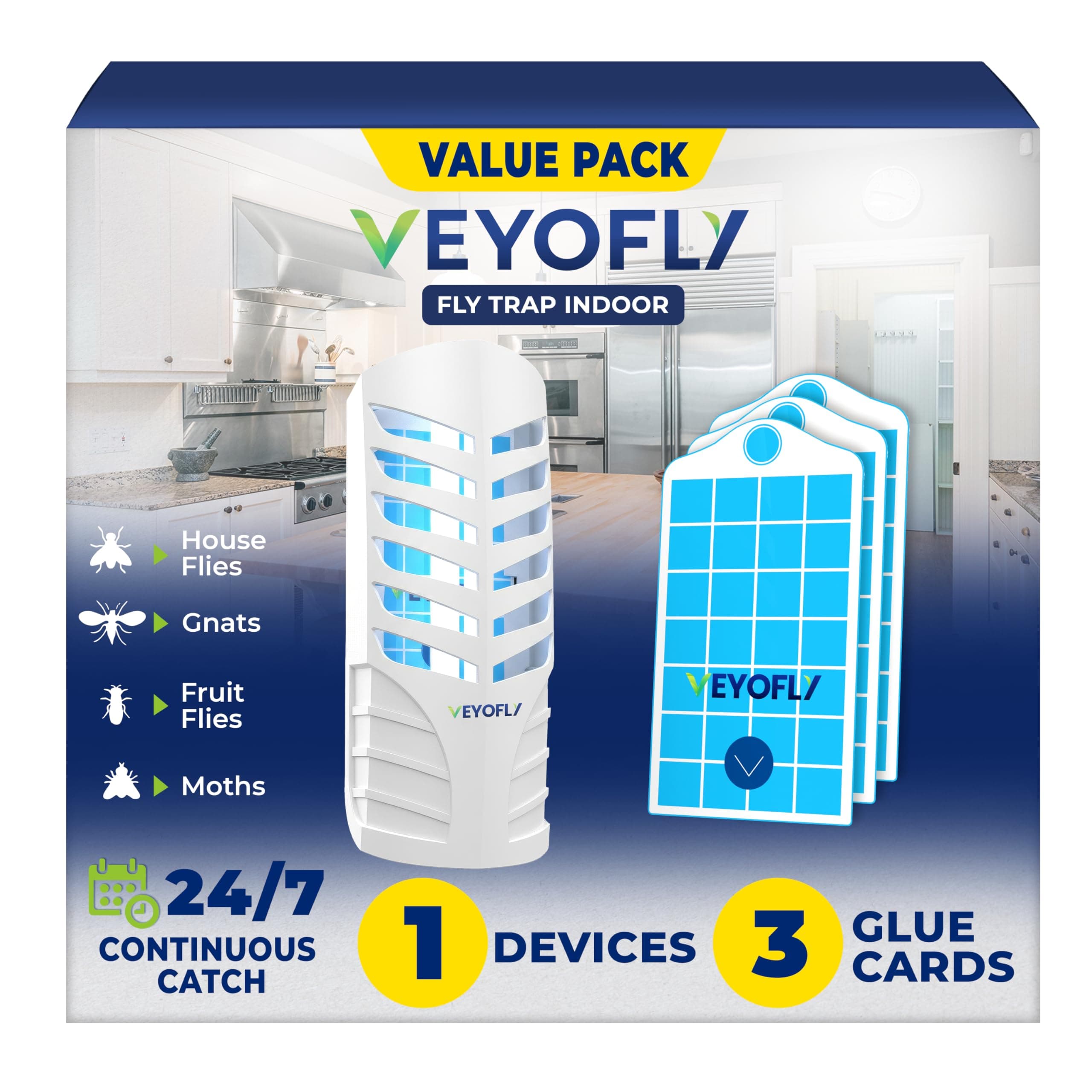 VEYOFLY Plug-in Fly Trap: Indoor Use - Home Security, Plug-in Light - Odor Free (1 Device + 3 Refills)