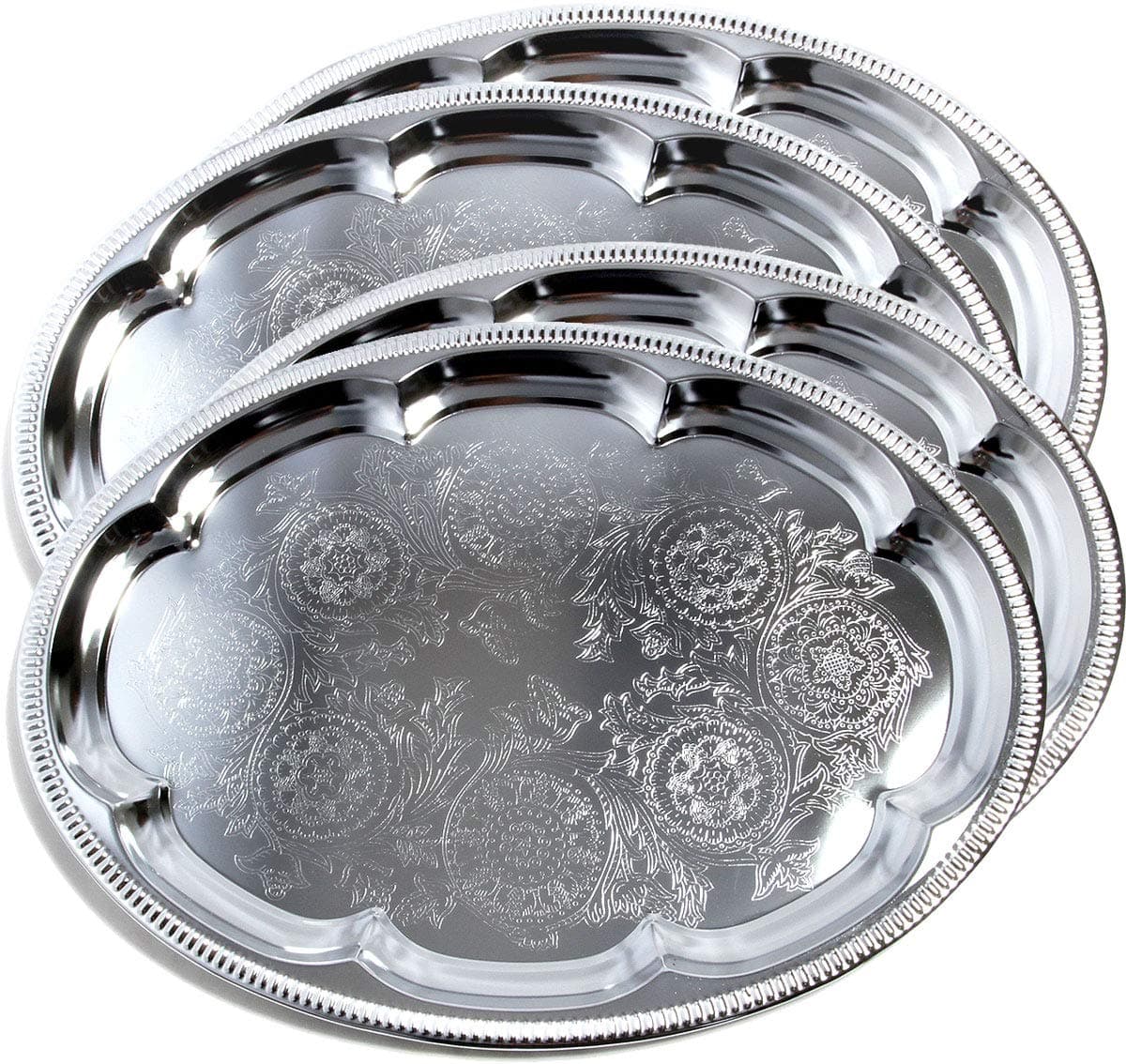 (Pack of 4 Elegant Floral Engraved Serving Tray Chrome Plated Steel Plate Platter Wedding Birthday Holiday Party Food Buffet Decor Shiny Silver Color (Oval 18.1" x 13.3")