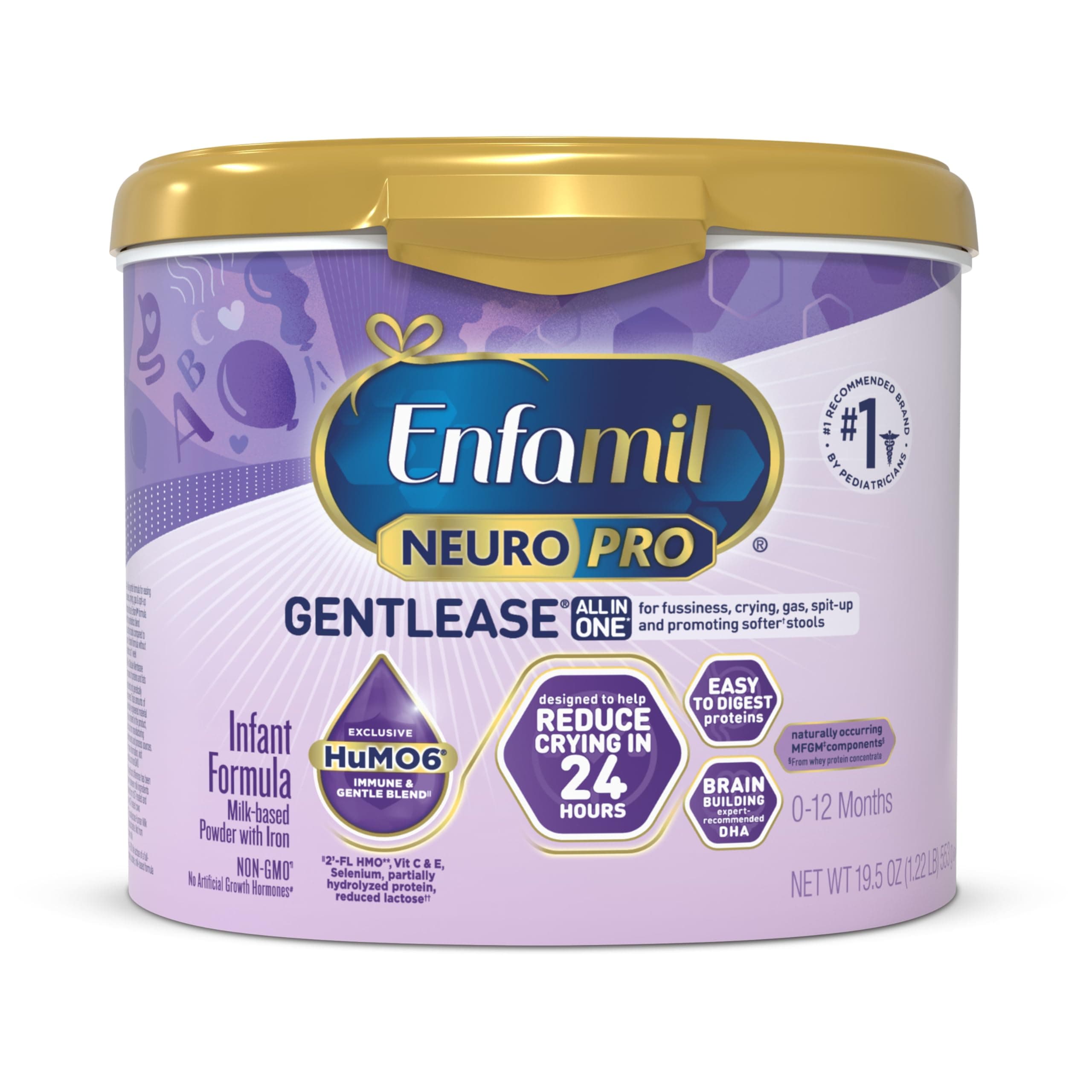 Enfamil NeuroPro Gentlease for easing Fussiness, Crying, Gas, Spit-up in 24 Hrs, Smaller Proteins for Easy Digestion, Brain Supporting DHA, Prebiotic Blend, HuMO6*, Baby Formula, Reusable Tub, 19.5 Oz