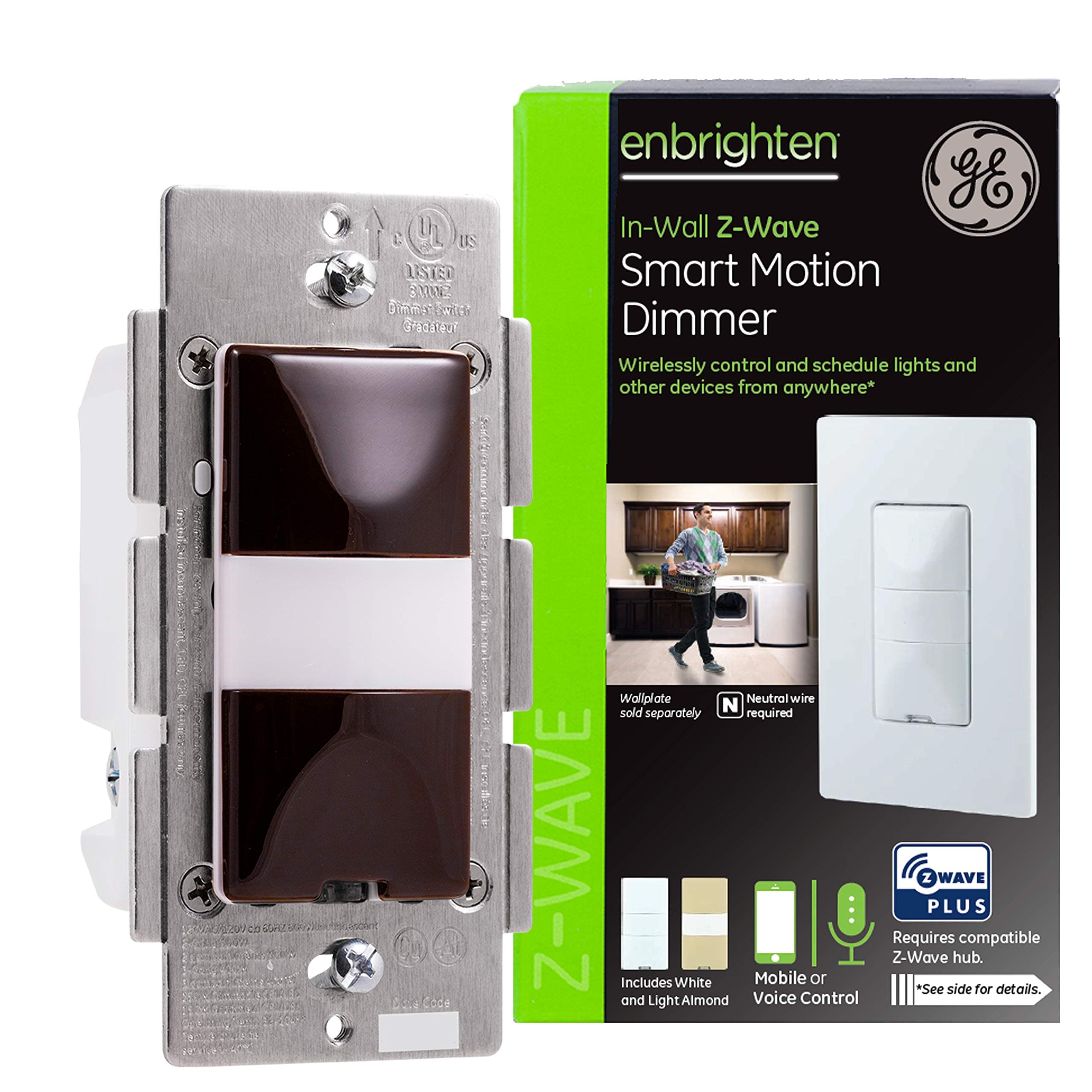 GE Enbrighten Z-Wave Plus Smart Motion Light Dimmer, Compatible with Alexa, Google Assistant, SmartThings, Wink, Zwave Hub Required, Repeater/Range Extender, 3-Way Compatible, Brown, 35928
