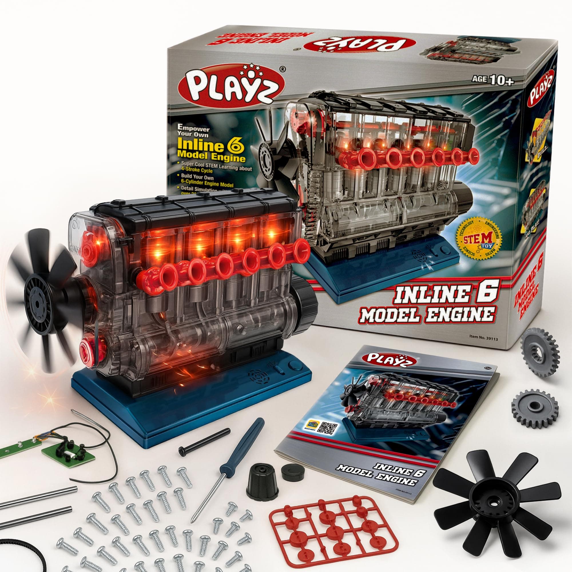 Playz Inline 6 Engine Model Kit - Build Your Own STEM Inline 6 Mini Engine That Runs for Adults & Kids Age 10-12+, 230 STEM Parts