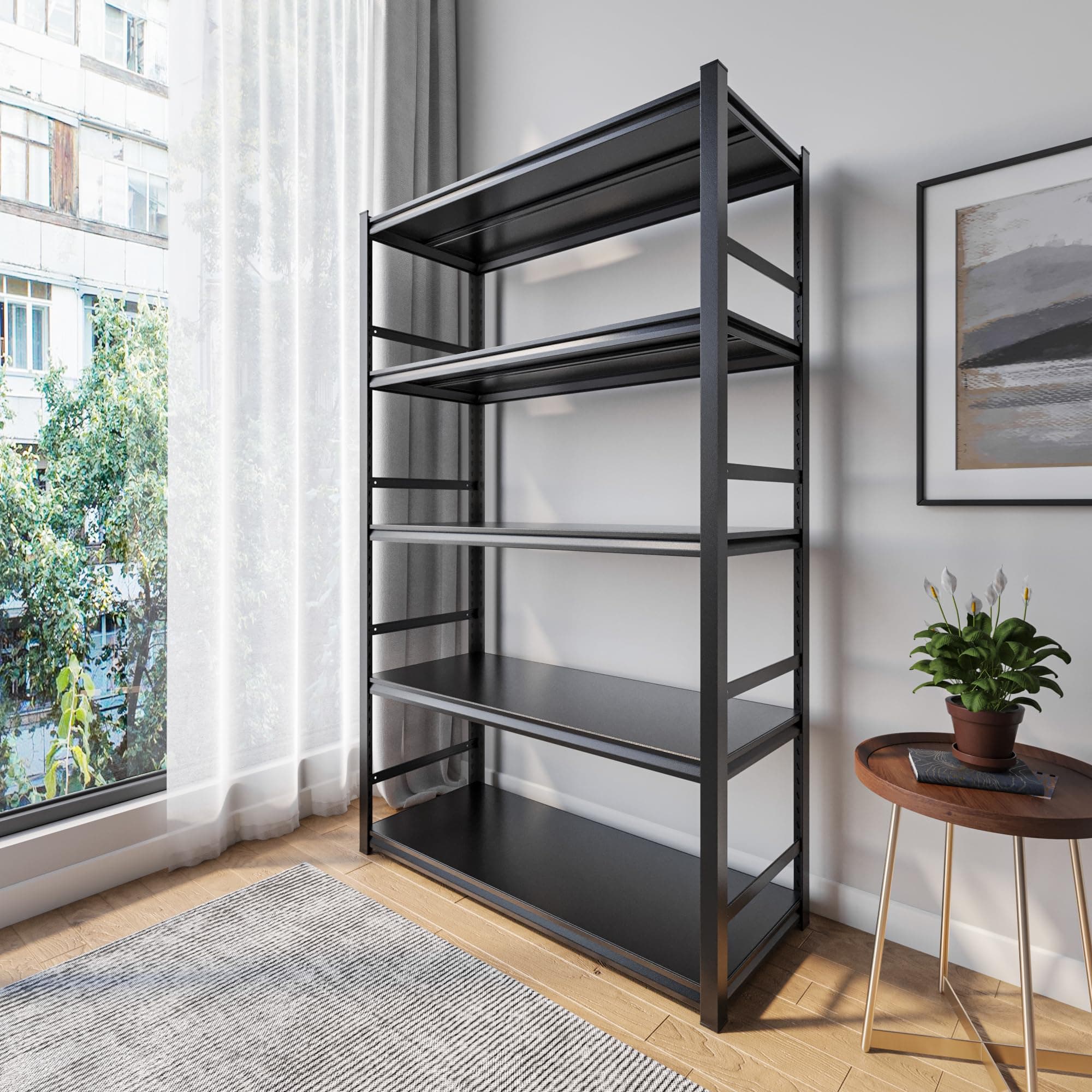 5 Tier Boltless Steel Shelf Rack, Heavy Duty, Double Layer, Metal Board, Adjustable Layer Height, Anti Falling Fence, Shelf For Garage, Home, Office, Warehouse, Shops-Black