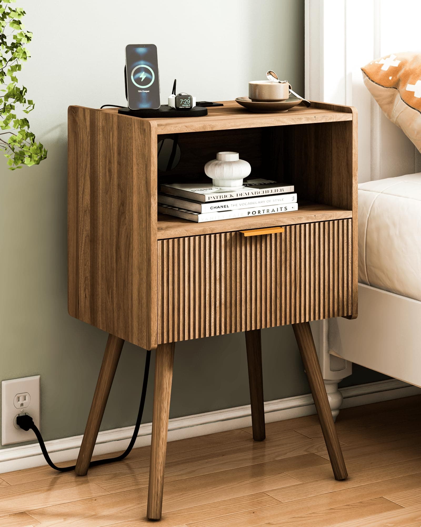Nightstand with Outlet,Modern Bedside Table with Storage Drawer and Open Wood Shelf, for Living Room, Bedroom and Small Spaces, Accent Night Stand with Solid Wood Legs, Easy Assembly,Brown