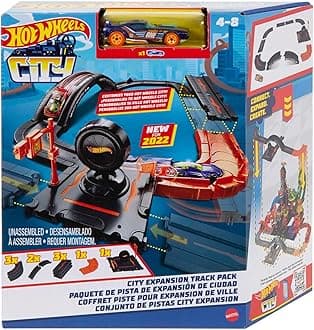 City Track Pack, 10 Piece Set Includes Track Base & Various Track Pieces to Build a Cityscape, with 1 Hot Wheels Car, Connects to Other Sets, Gift for Kids 4 Years & Up, HDN95