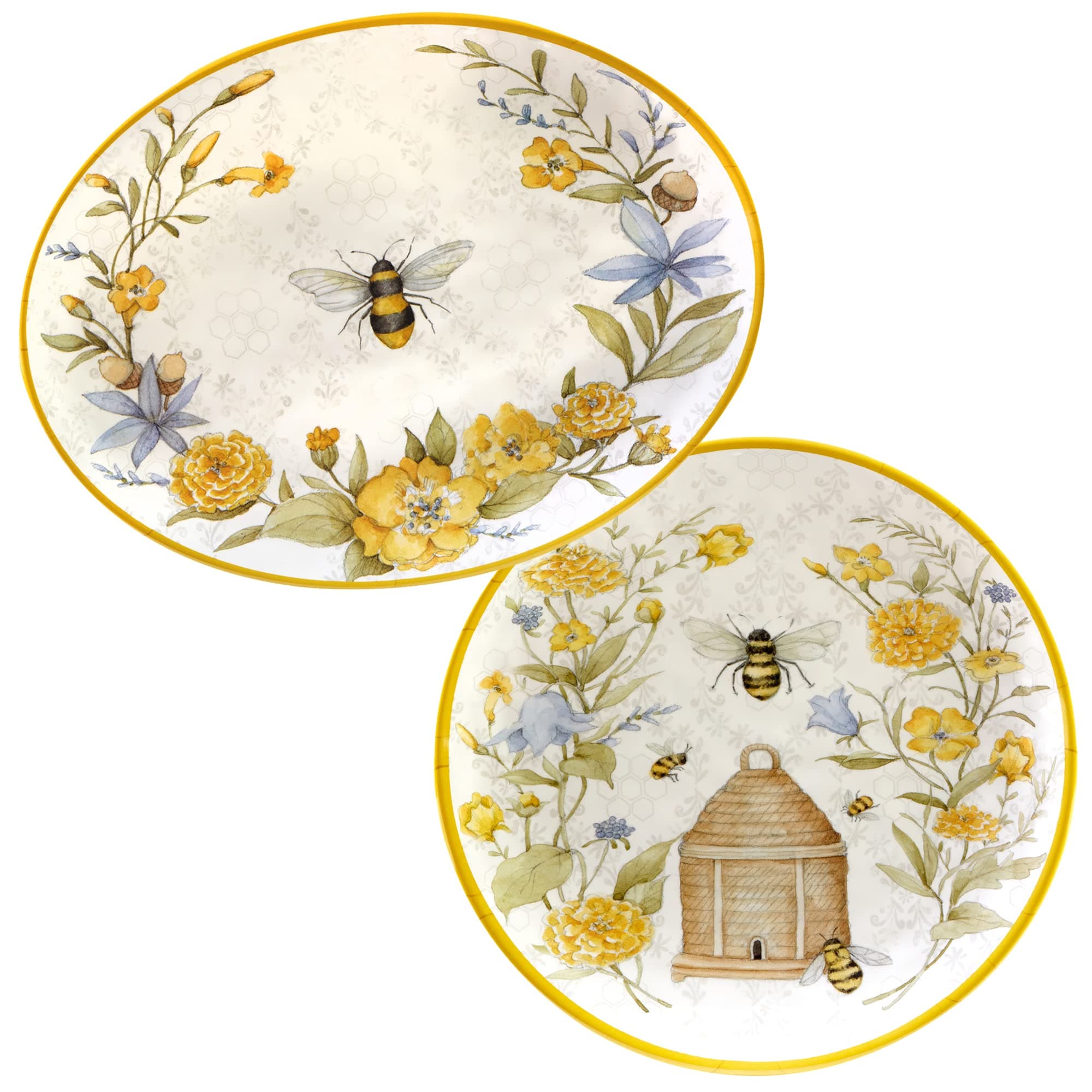 Bee Sweet 2-Piece Melamine Platter Set – Includes 14" Round & 18"x13.5" Oval Platters with Bee & Floral Design, Shatterproof Serveware for Spring Entertaining, Picnics & Cottagecore Décor