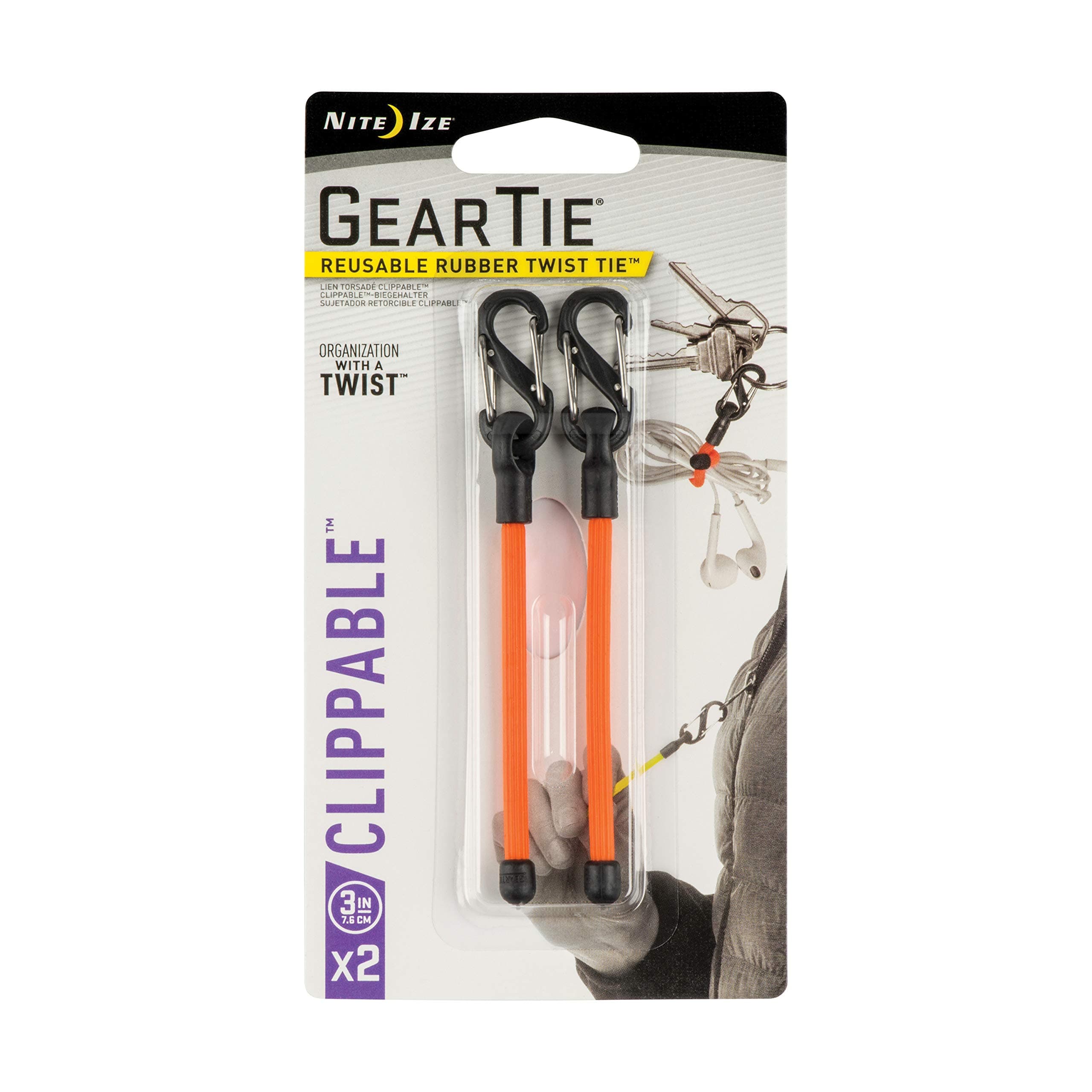Nite Ize Gear Tie Zipper Pull, The Original Gear Tie Plus S-Biner Clip, Perfect Zipper Pull, 3-Inch, Bright Orange, 2 Pack