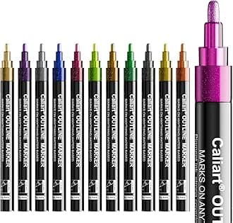 Caliart 12-Color Shimmer Double-Line Drawing Doodle Outline Markers, Aesthetic Cute Preppy Stuff School Supplies, Glitter Markers Pens Set for Cards Lettering, Gift for 4-12 Year Old Girl Kids