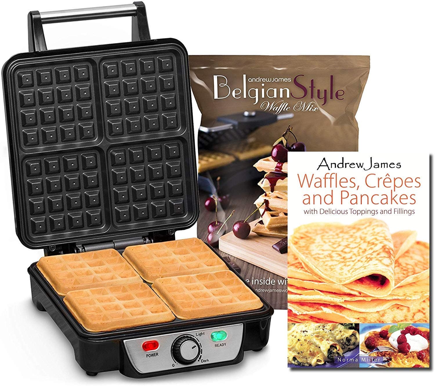 Andrew James Waffle Maker 4 Slice Belgian Style Machine with Recipe Cookbook & 1KG Mix - 1100W