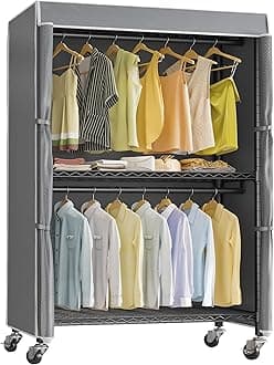 VIPEK R2C Plus Heavy Duty Rolling Garment Rack with Cover Clothing Racks for Hanging Clothes Portable Closets with Adjustable 3 Wire Shelves, Double Rods, Black Rack with Grey Upgraded Polyester Cover
