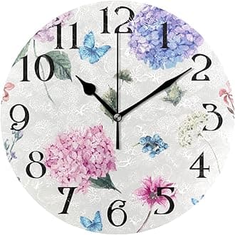 Hydrangea Butterflies Summer Flower Wall Clock 9.5 Inch Non-Ticking Silent Clocks Round Bathroom Clock Battery Operated Quartz Analog Decorative Desk Clock for Living Room