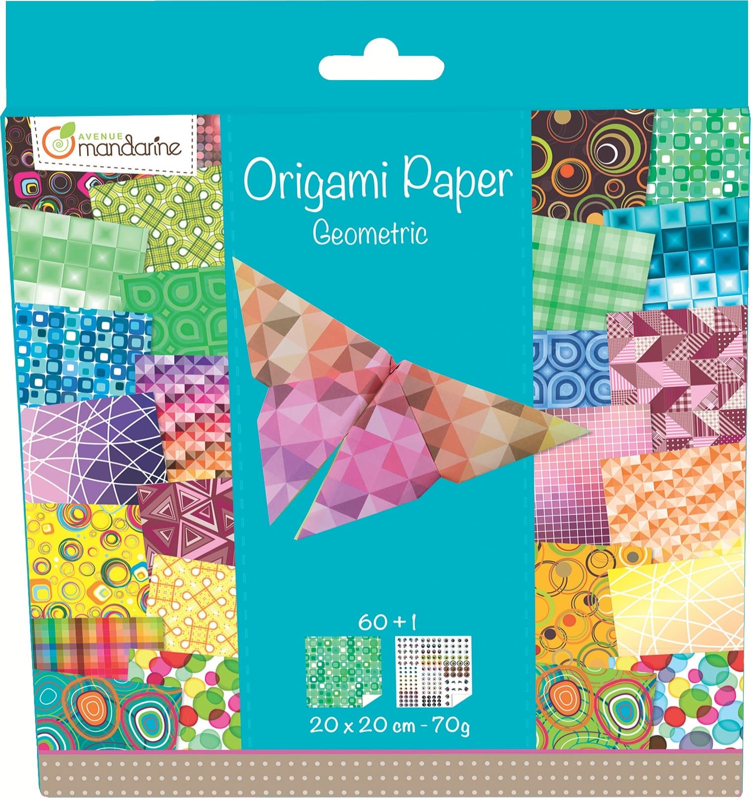 Avenue Mandarine - Ref 52501MD - Origami Sheet Pack - Geometric Patterns - 60 Fully Printed Sheets, 20 x 20cm, Eye Sticker Sheet Included, 70gsm Paper, Suitable for Ages 7+