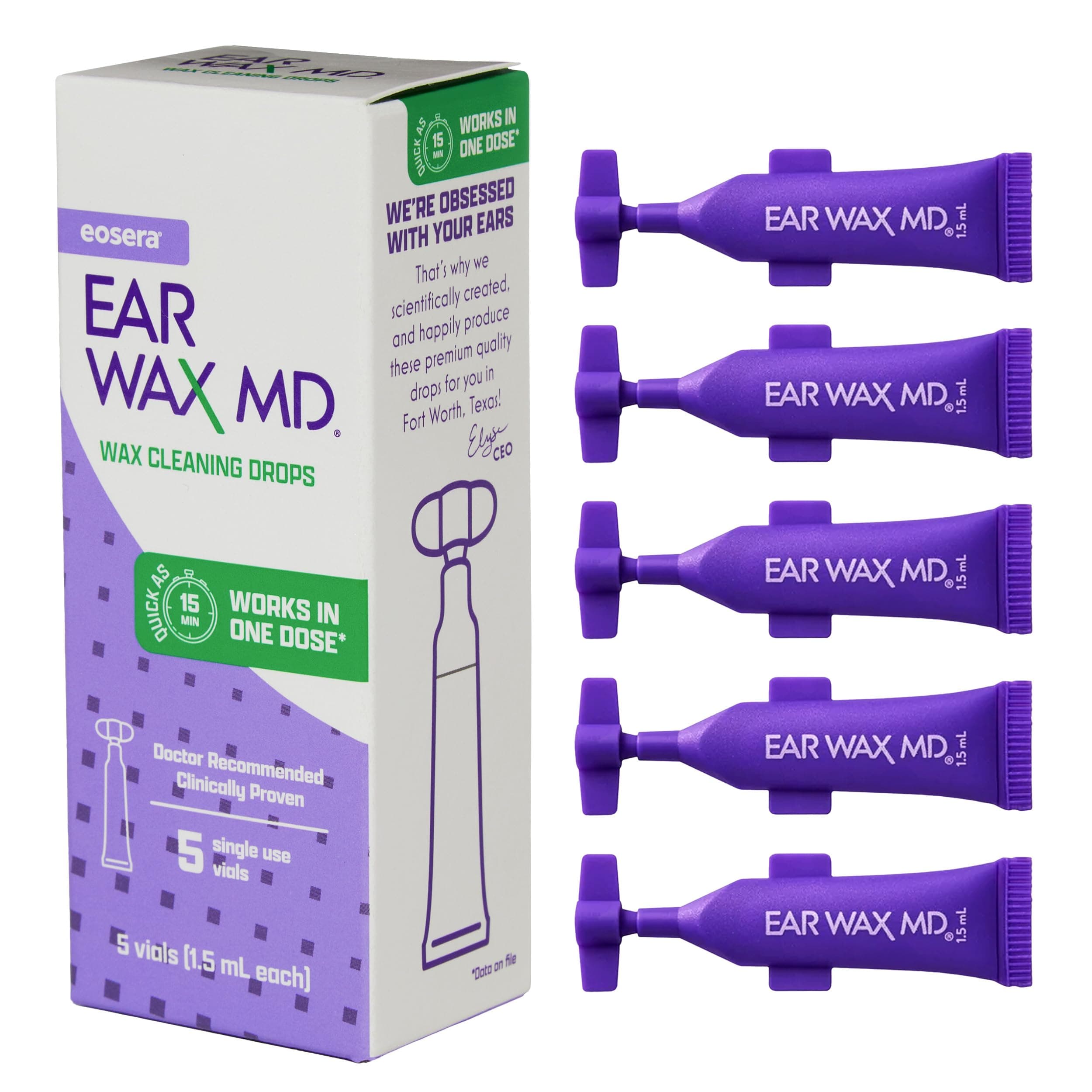 eosera® Ear Wax MD® - Wax Cleaning Drops 5pk Single Use Vials | Fast-Acting | Breaks Down & Dissolves Wax in Just 1 Treatment | Clinically Proven | Gentle & Safe