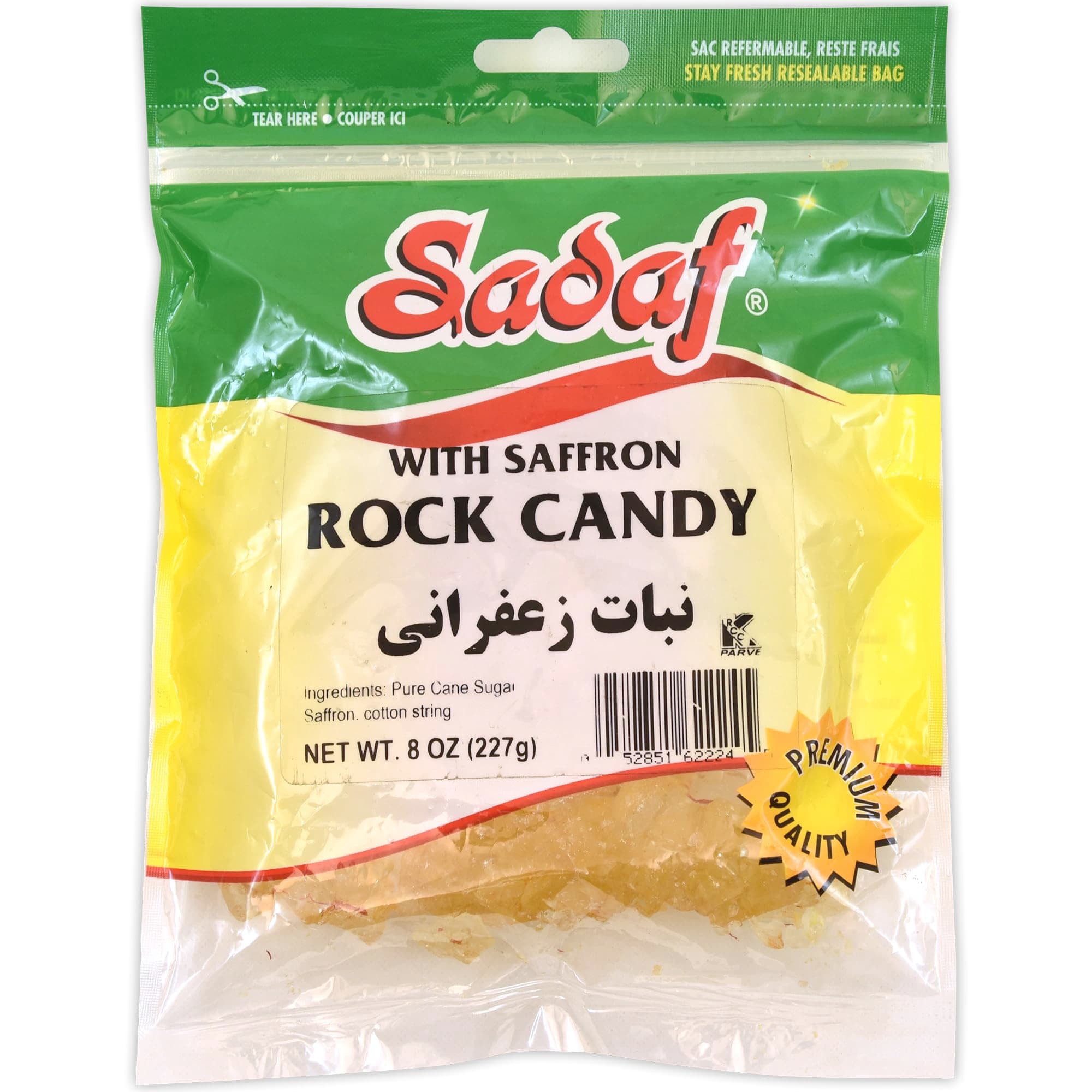 Rock Candy with Saffron - Saffron Rock Candy for Tea and Coffee - Food Flavoring Rocks- 8 Oz Resealable Bag