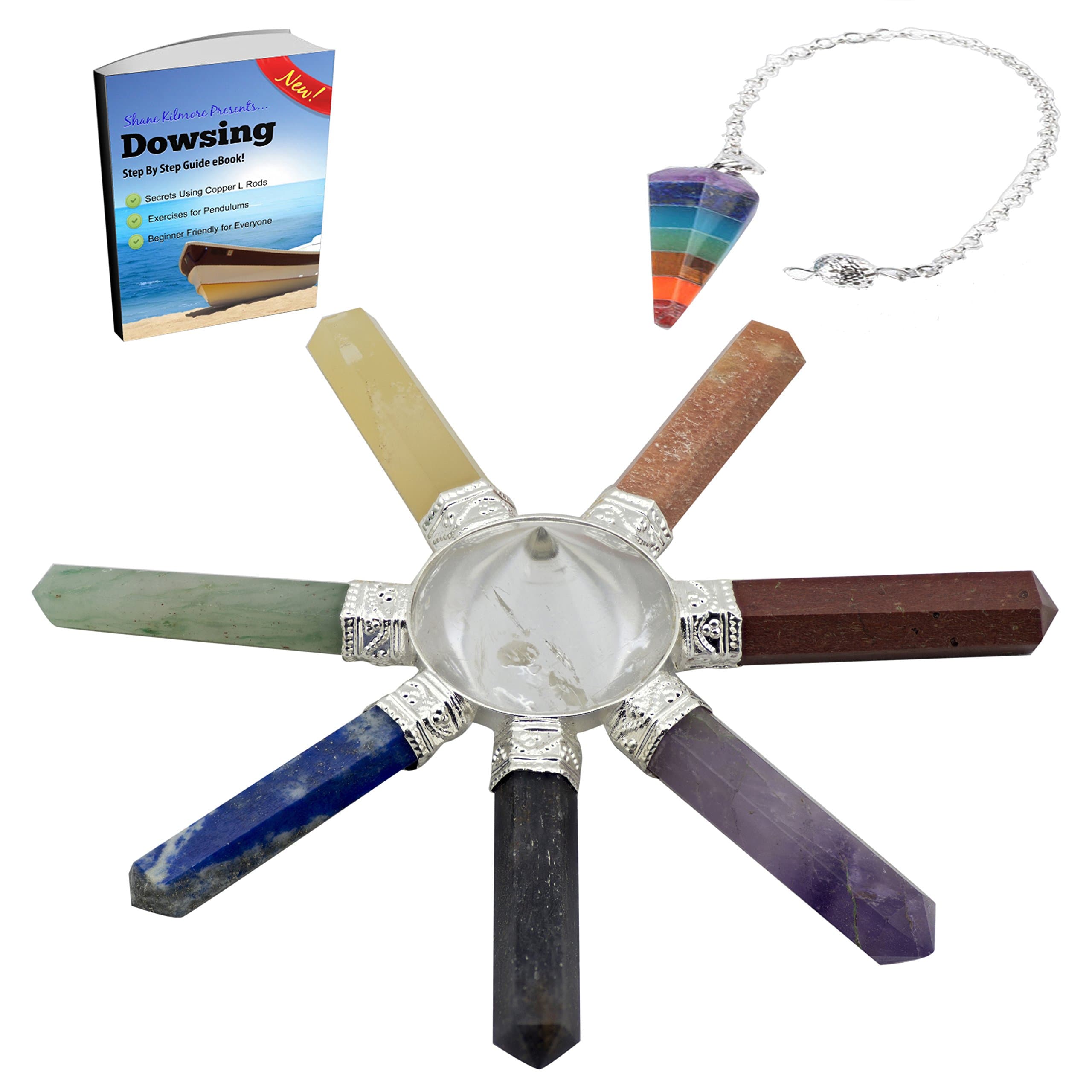 CK Crystal Multi-Stone Chakra Energy Generator with Chakra Stone Pendulum and Free eBook for Dowsing