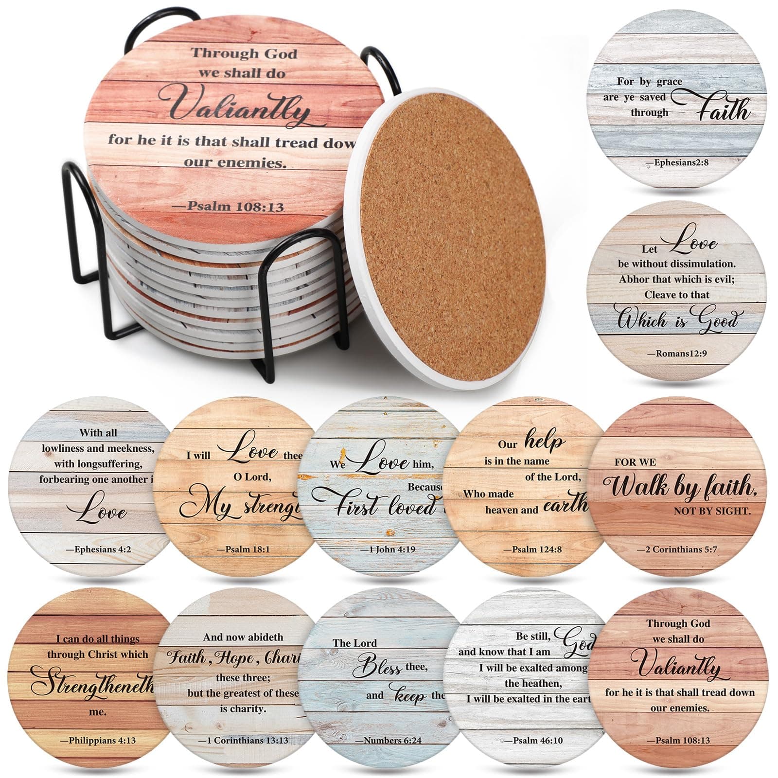 Hushee 12 Pcs Ceramic Drink Coasters with 1 Holder Holiday Cup Coasters with Cork Backing for Home Table Protection Wine Cups Coffee Bar Party Gifts(Bible Style)