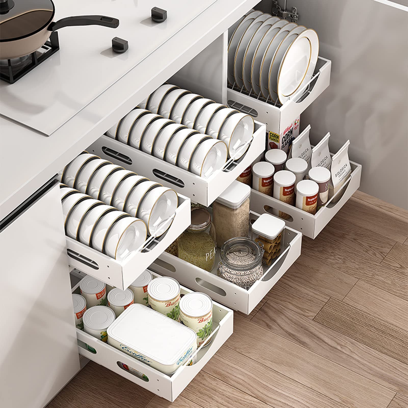 U-HOOME Pull Out Cabinet Drawer Kitchen Organizer,Slide Out Pantry Shelves Spice Rack Fits Spices, Sauces, Cans etc,Under Cabinet Storage (1pcs-Pull out Dish rack)
