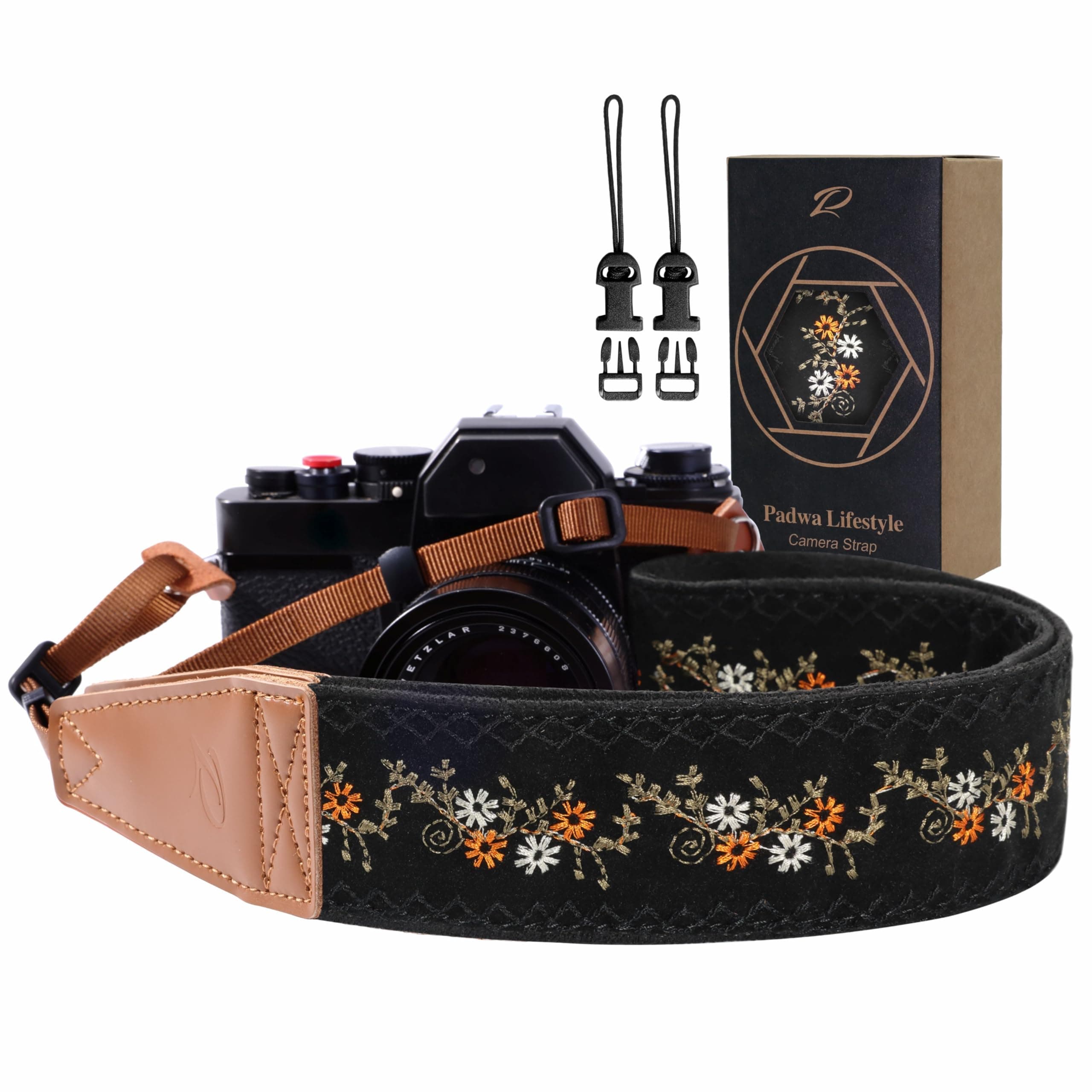 Padwa Lifestyle Camera Strap - 2" Full Grain Leather Ends Camera Straps for Photographers, Vintage Embroidered Cotton Weave Soft Suede Fabric Padded Strap Quick Release fits All Cameras